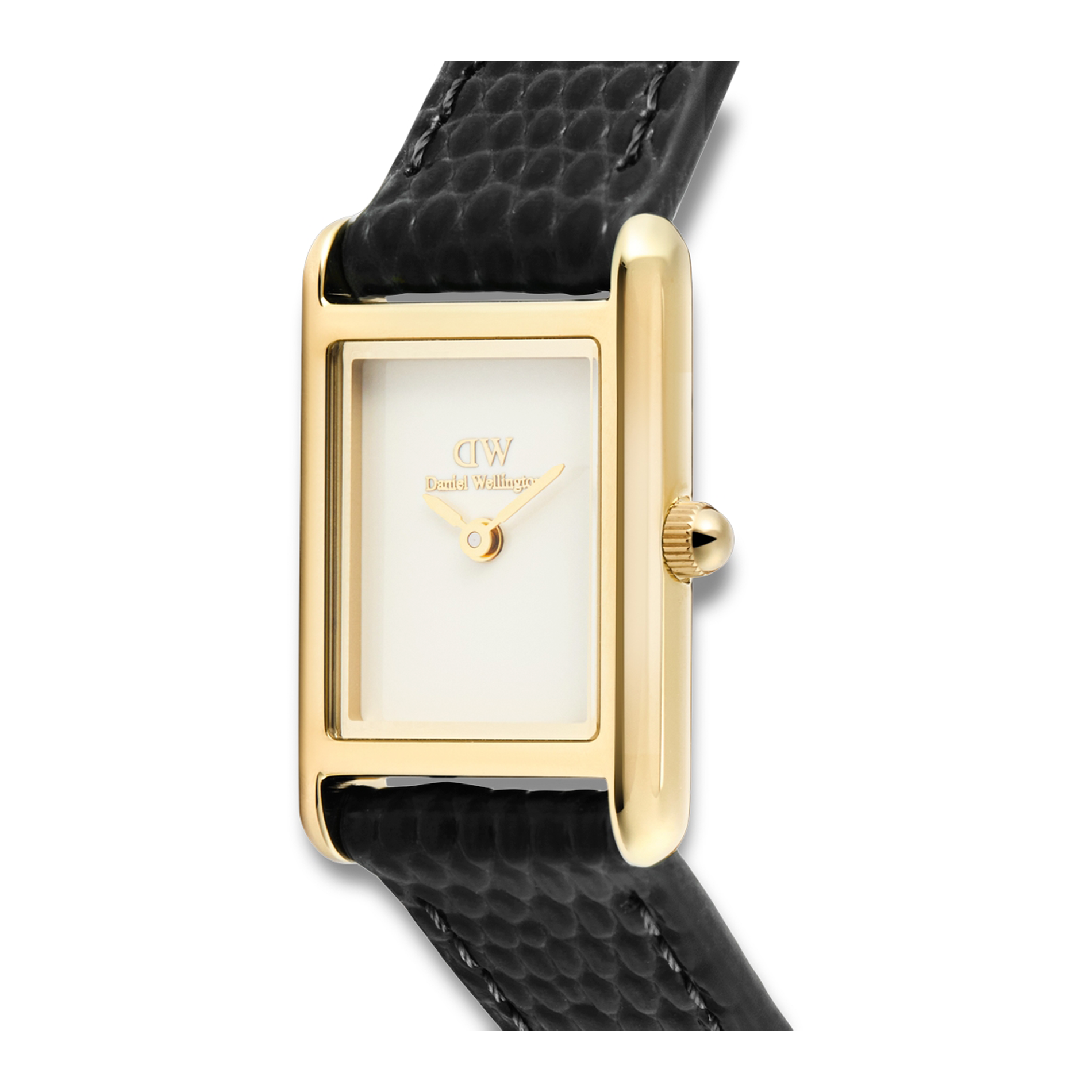 Nærbillede af Daniel Wellington Bound Mini Gold 17 mm med rektangulær guldfarvet urkasse