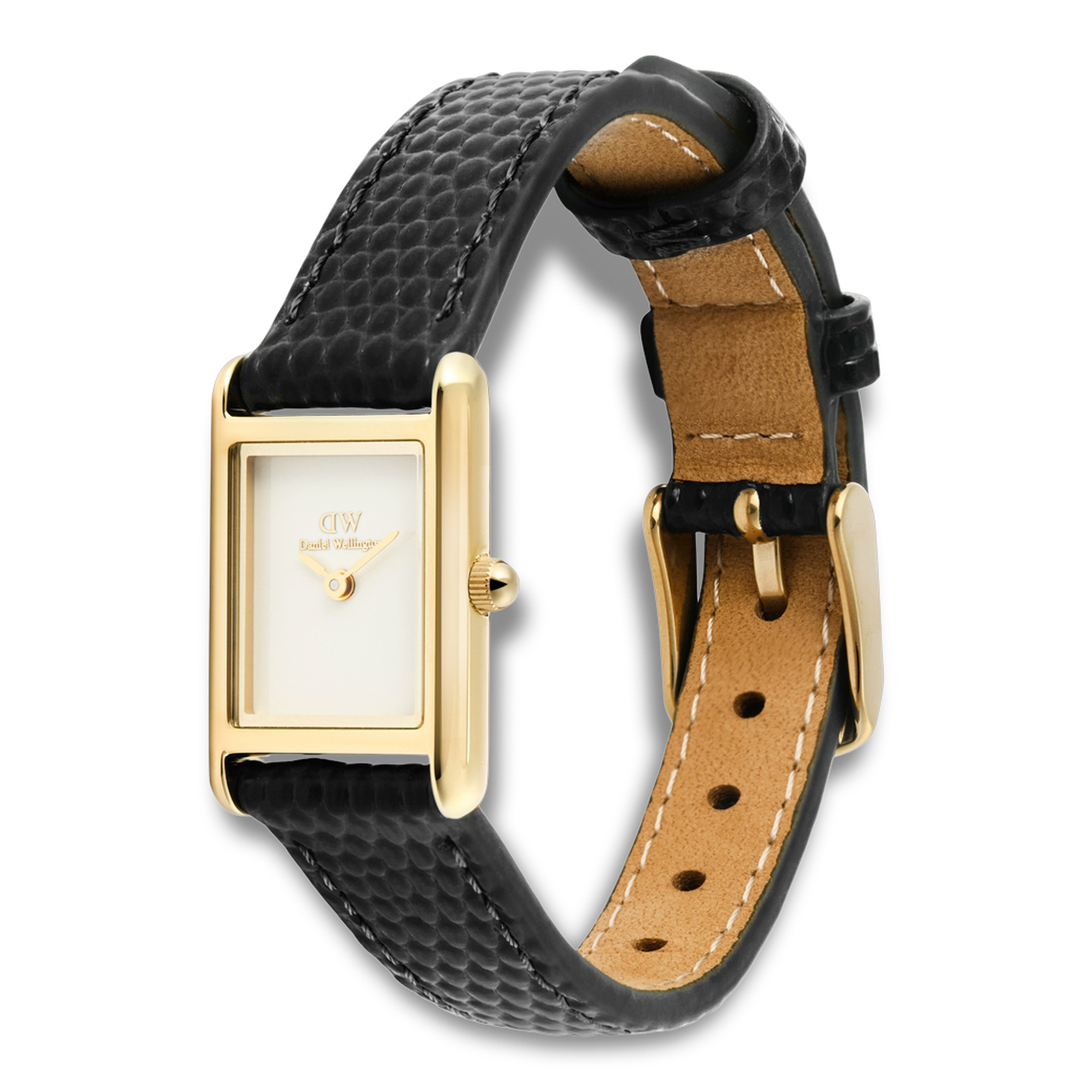 Daniel Wellington Bound Mini Gold ADW00100903 vist fra skrå vinkel med sort læderrem