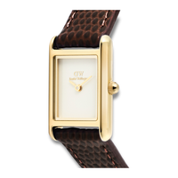 Nærbillede af Daniel Wellington Bound Mini Gold 17 mm med rektangulær guldfarvet urkasse