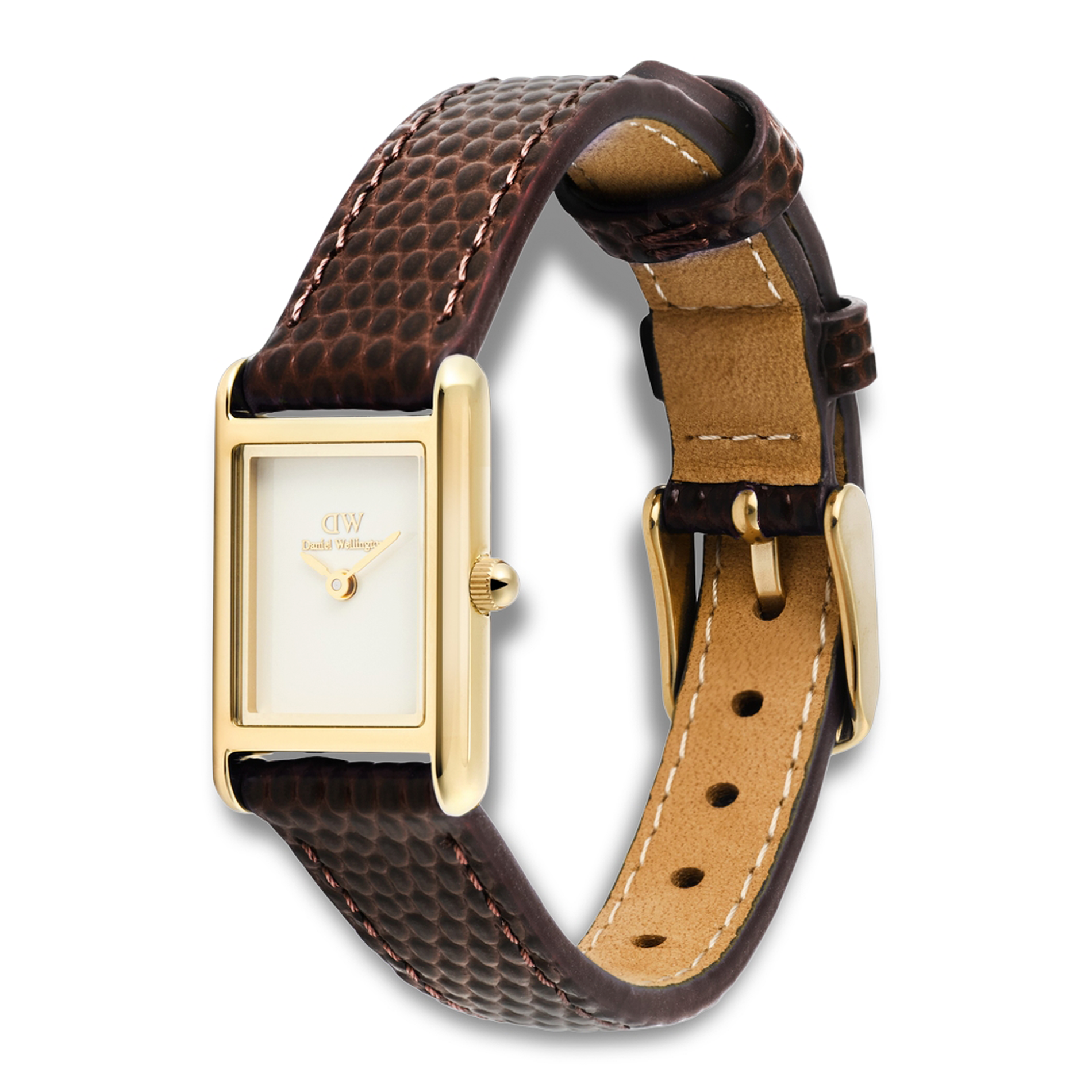 Daniel Wellington Bound Mini Gold ADW00100904 vist fra skrå vinkel med brun læderrem