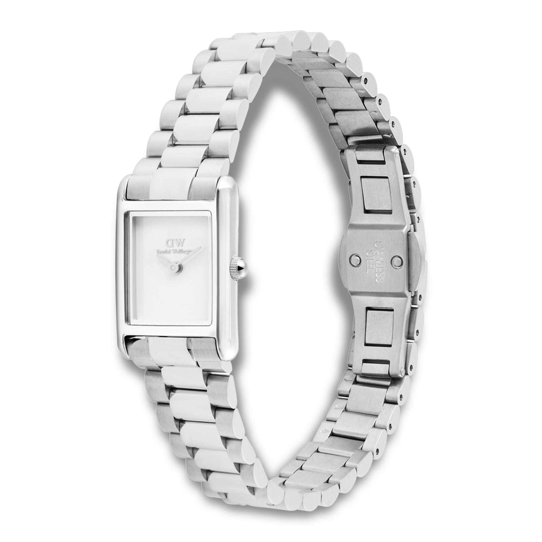 Daniel Wellington Bound Mini Silver ADW00100930 vist fra skrå vinkel med sølvfarvet stållænke