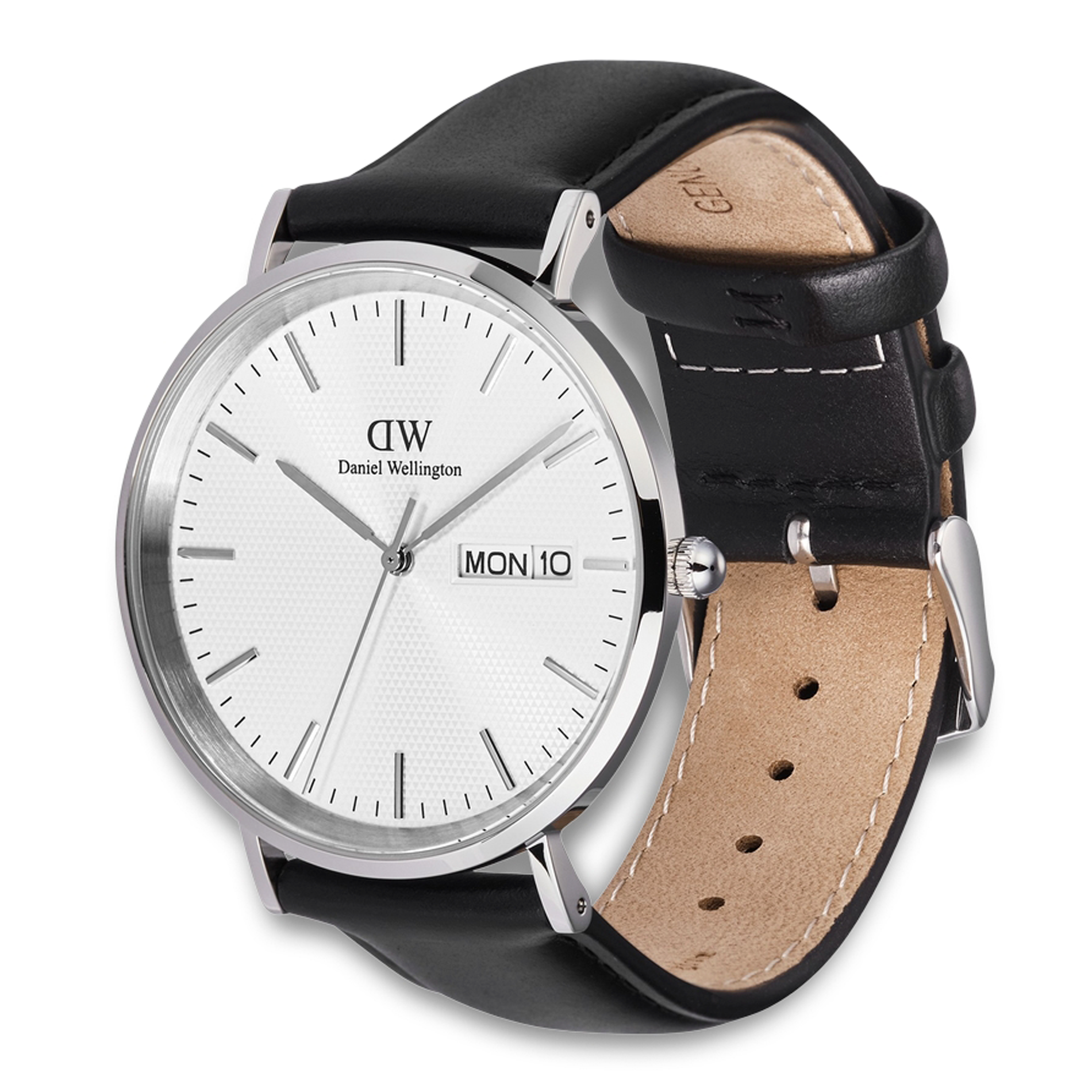 Daniel Wellington Classic Day Date 40 mm ADW00100832 vist fra skrå vinkel med sort læderrem