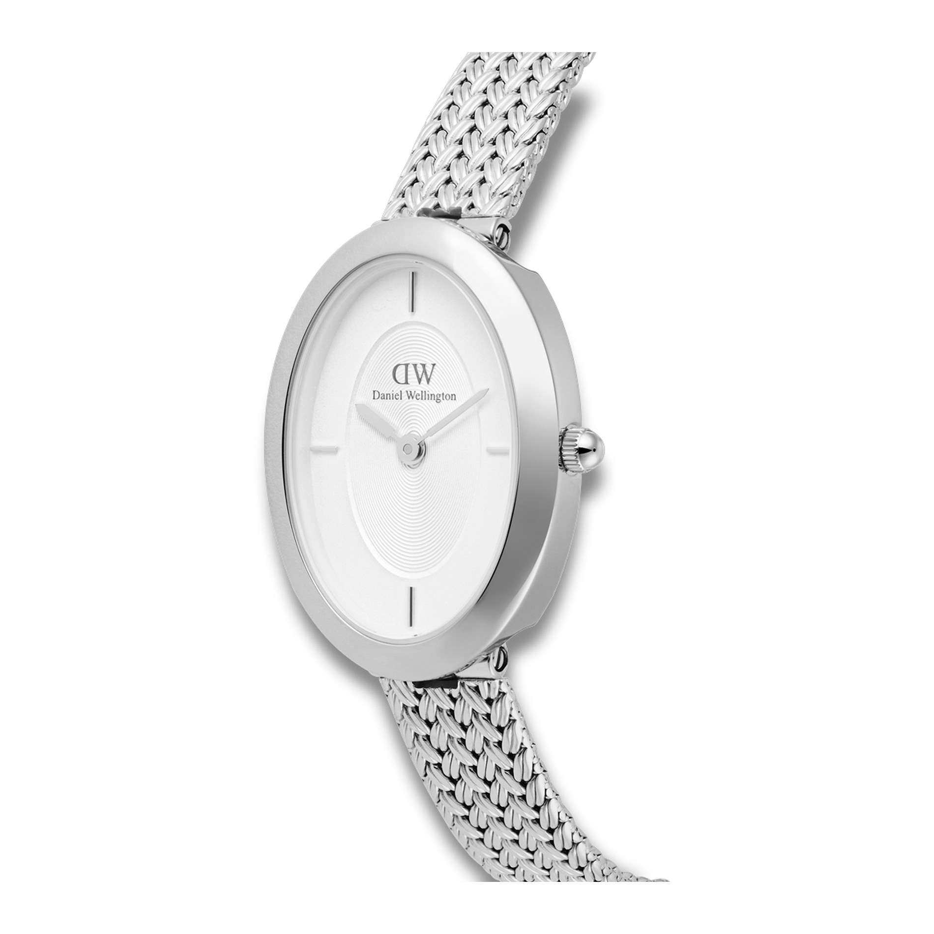 Nærbillede af Daniel Wellington Juliette Braided 23 mm med hvid urskive og sølvfarvet urkasse