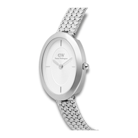 Nærbillede af Daniel Wellington Juliette Braided 23 mm med hvid urskive og sølvfarvet urkasse