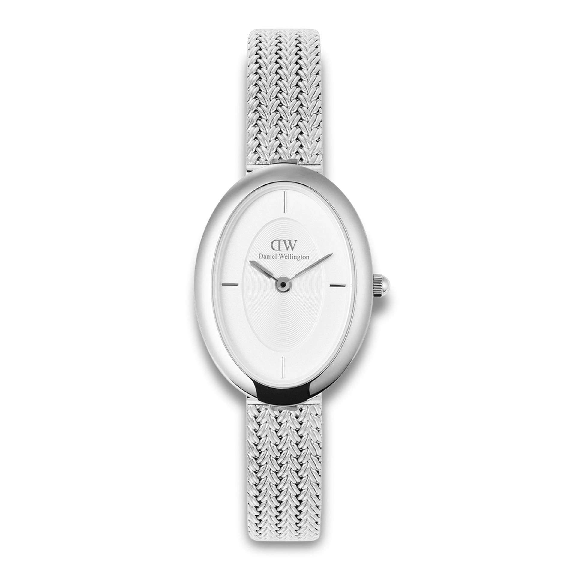 Daniel Wellington Juliette Braided 23 mm ADW00100884 med hvid urskive og flettet sølvfarvet stålrem