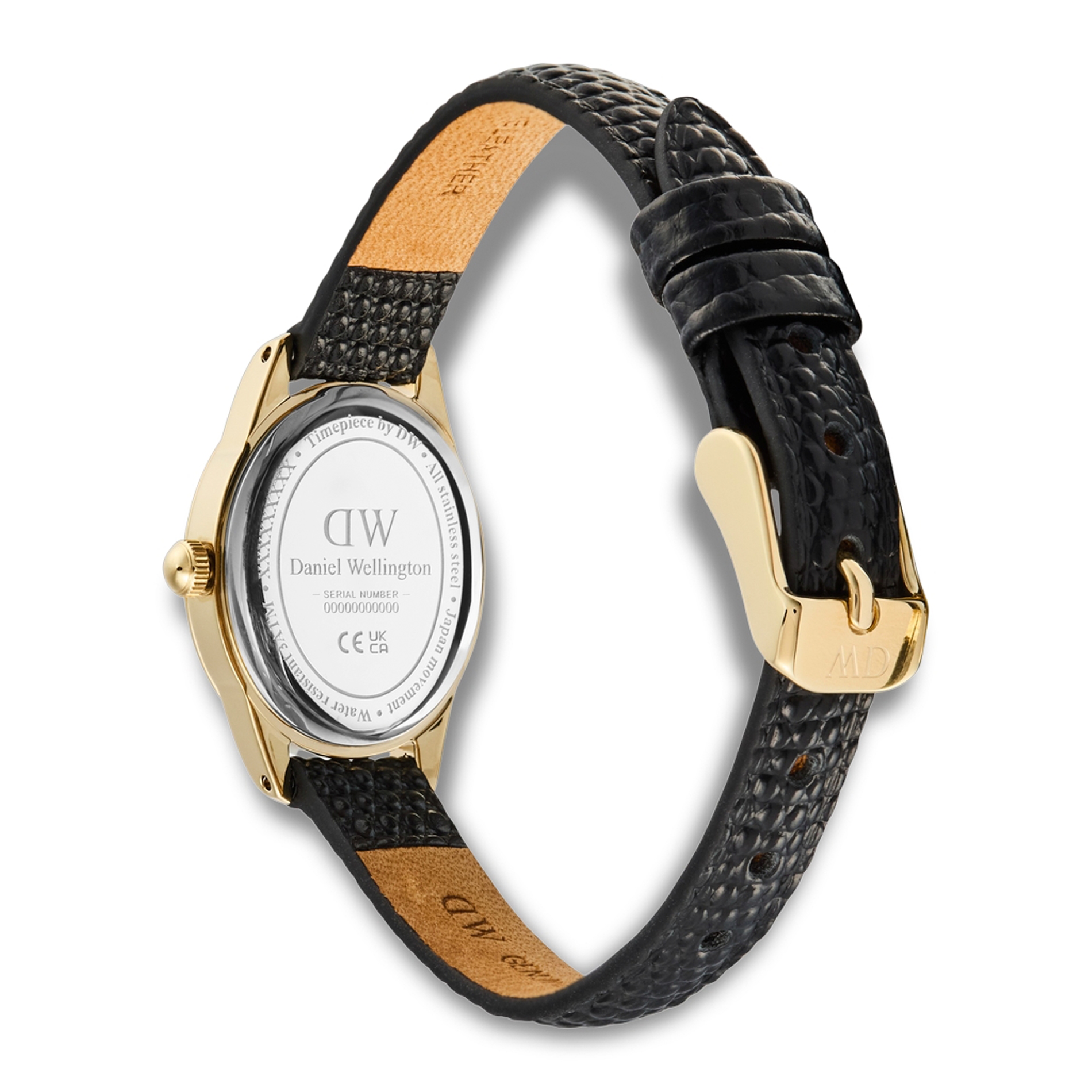 Bagside af Daniel Wellington Ophelia Mini Gold ADW00100890 med sort læderrem og guldfarvet spænde