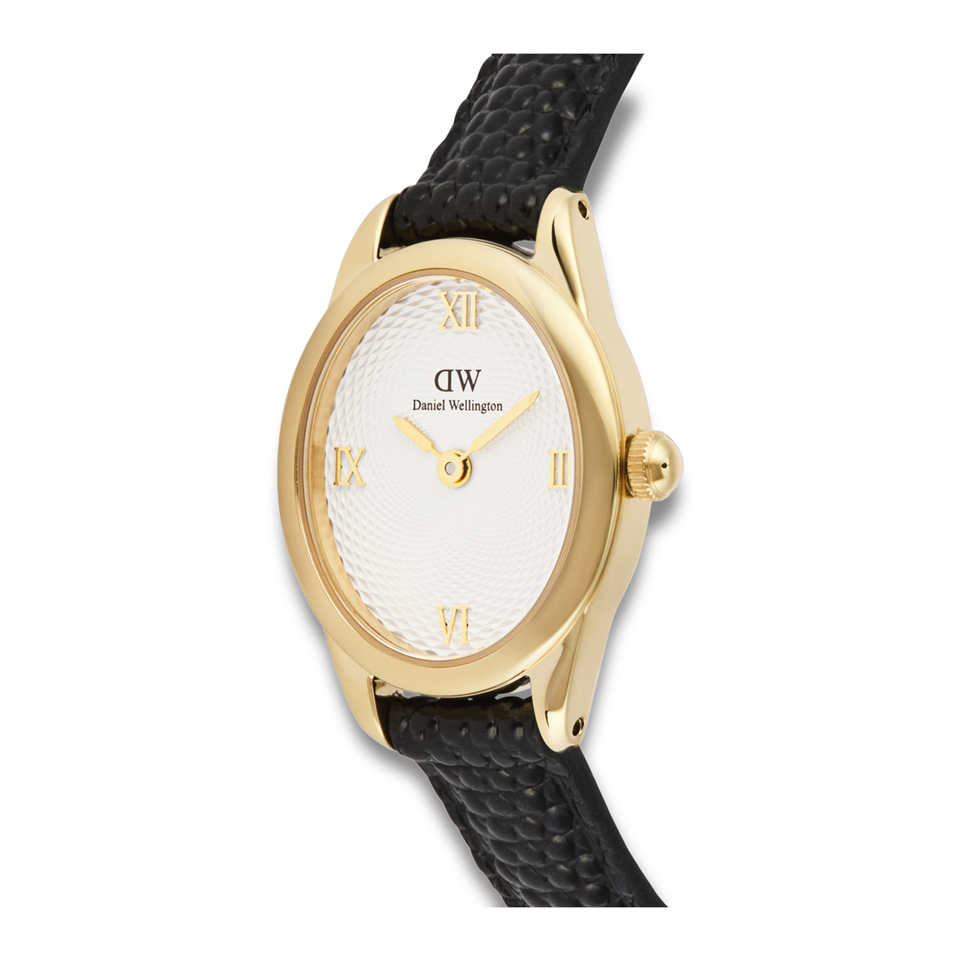 Nærbillede af Daniel Wellington Ophelia Mini Gold 22 mm med hvid guilloché-inspireret urskive