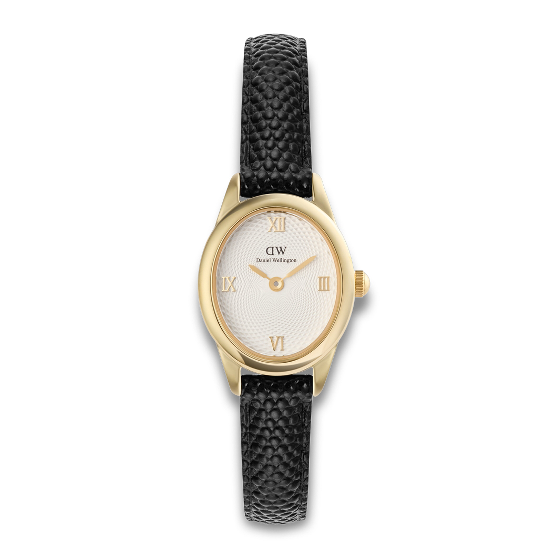 Daniel Wellington Ophelia Mini Gold 22 mm ADW00100890 med hvid urskive og sort læderrem