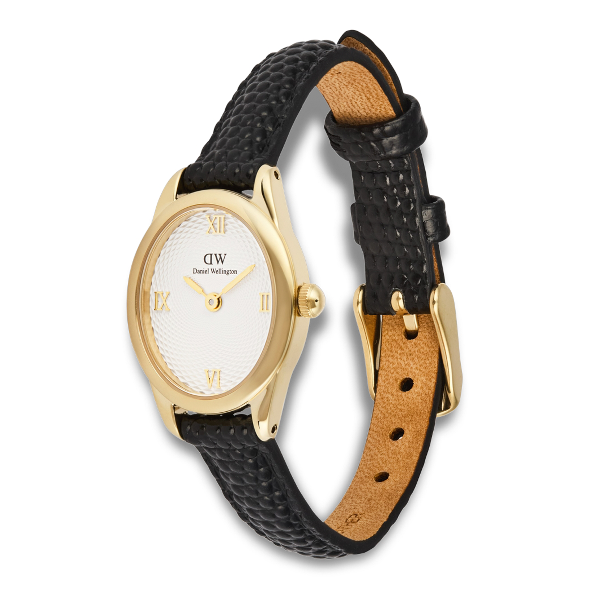 Daniel Wellington Ophelia Mini Gold ADW00100890 vist fra skrå vinkel med sort læderrem
