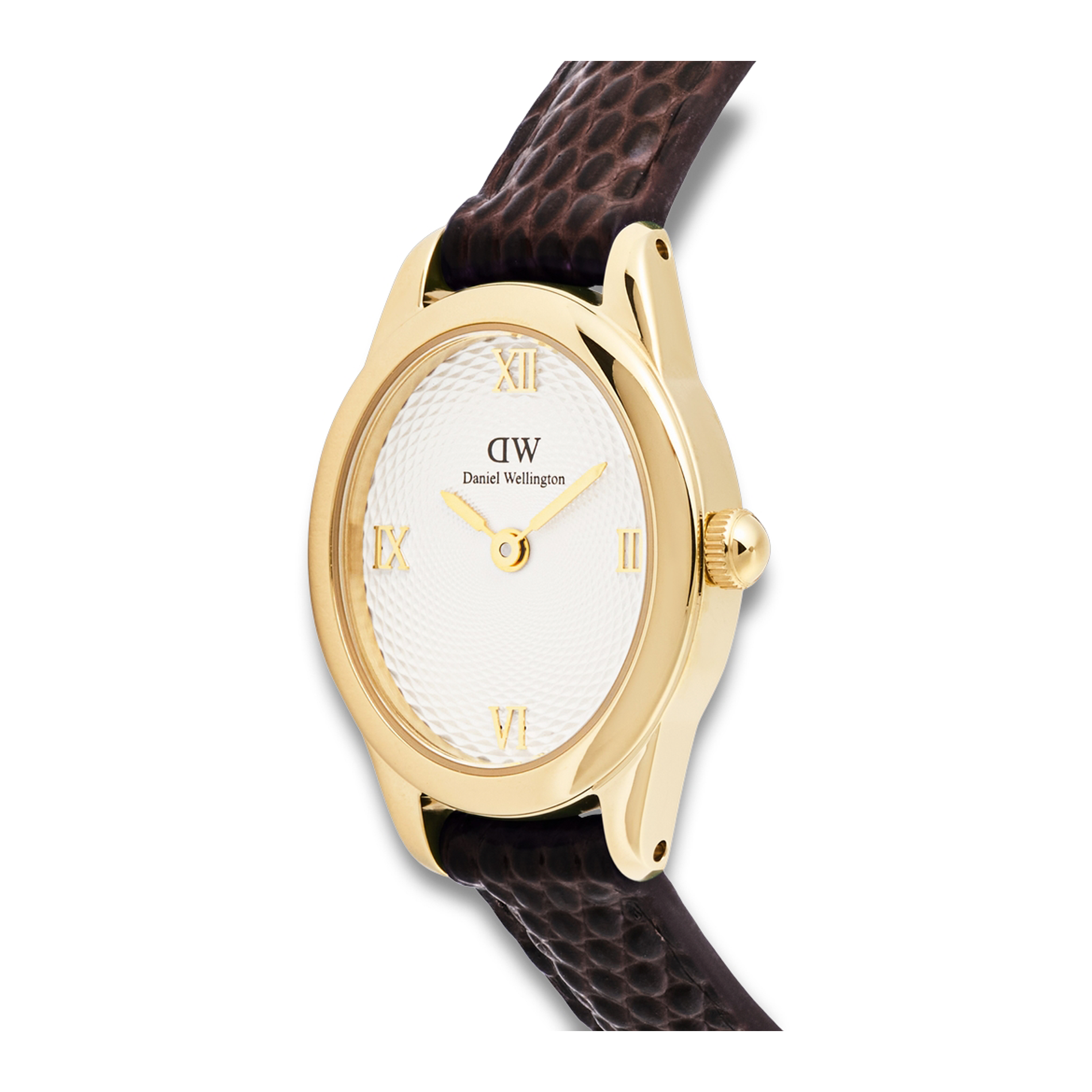 Nærbillede af Daniel Wellington Ophelia Mini Gold 22 mm med hvid guilloché-inspireret urskive