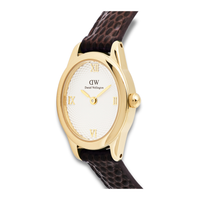 Nærbillede af Daniel Wellington Ophelia Mini Gold 22 mm med hvid guilloché-inspireret urskive