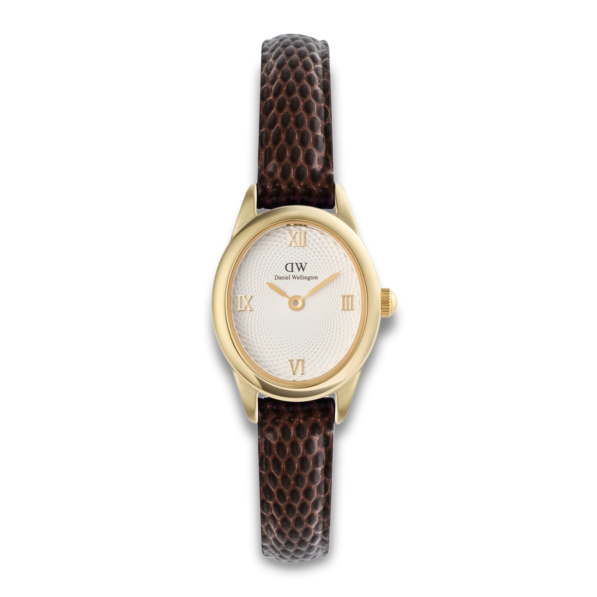 Daniel Wellington Ophelia Mini Gold 22 mm ADW00100891 med hvid urskive og mørkebrun læderrem