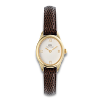 Daniel Wellington Ophelia Mini Gold 22 mm ADW00100891 med hvid urskive og mørkebrun læderrem