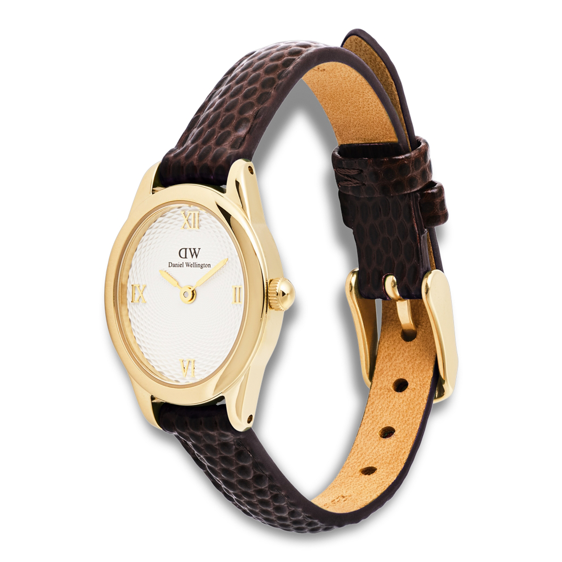 Daniel Wellington Ophelia Mini Gold ADW00100891 vist fra skrå vinkel med mørkebrun læderrem