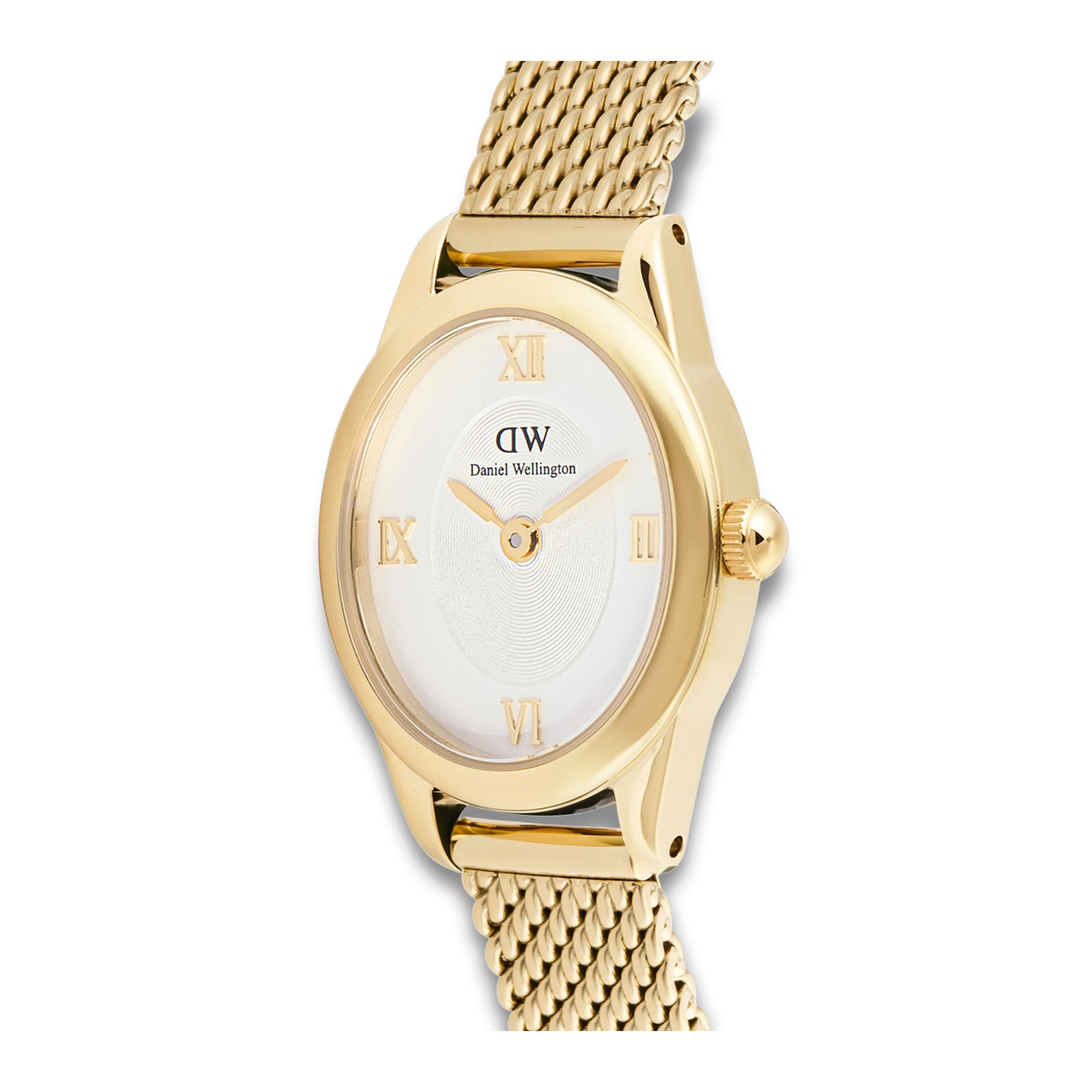 Nærbillede af Daniel Wellington Ophelia Mini Gold 22 mm med oval urskive og romertal