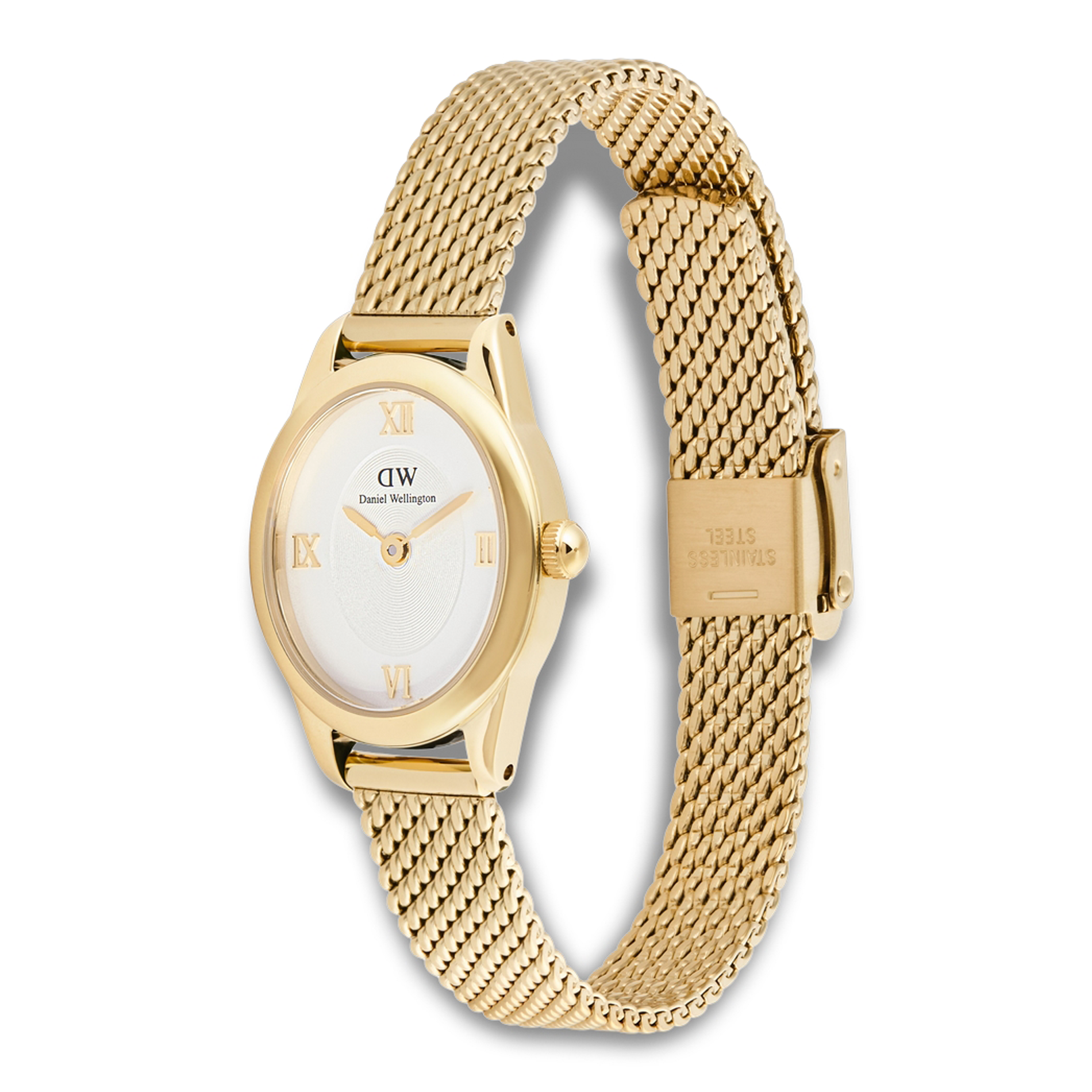 Daniel Wellington Ophelia Mini Gold ADW00100939 vist fra skrå vinkel med guldfarvet mesh-lænke