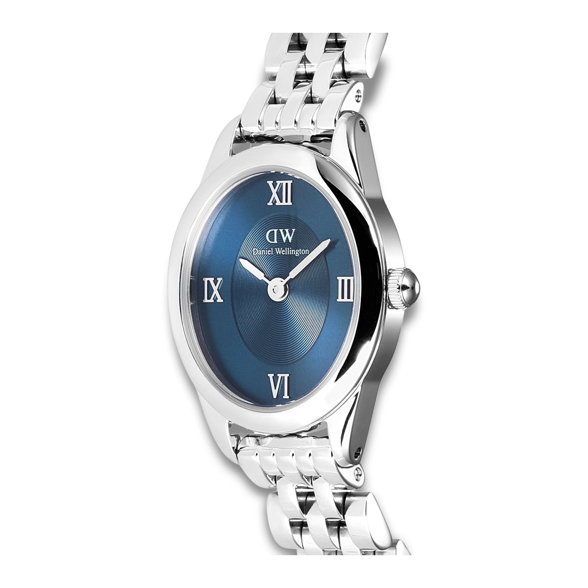 Nærbillede af Daniel Wellington Oval Mini S Arctic ADW00100807 med blå urskive og romertal