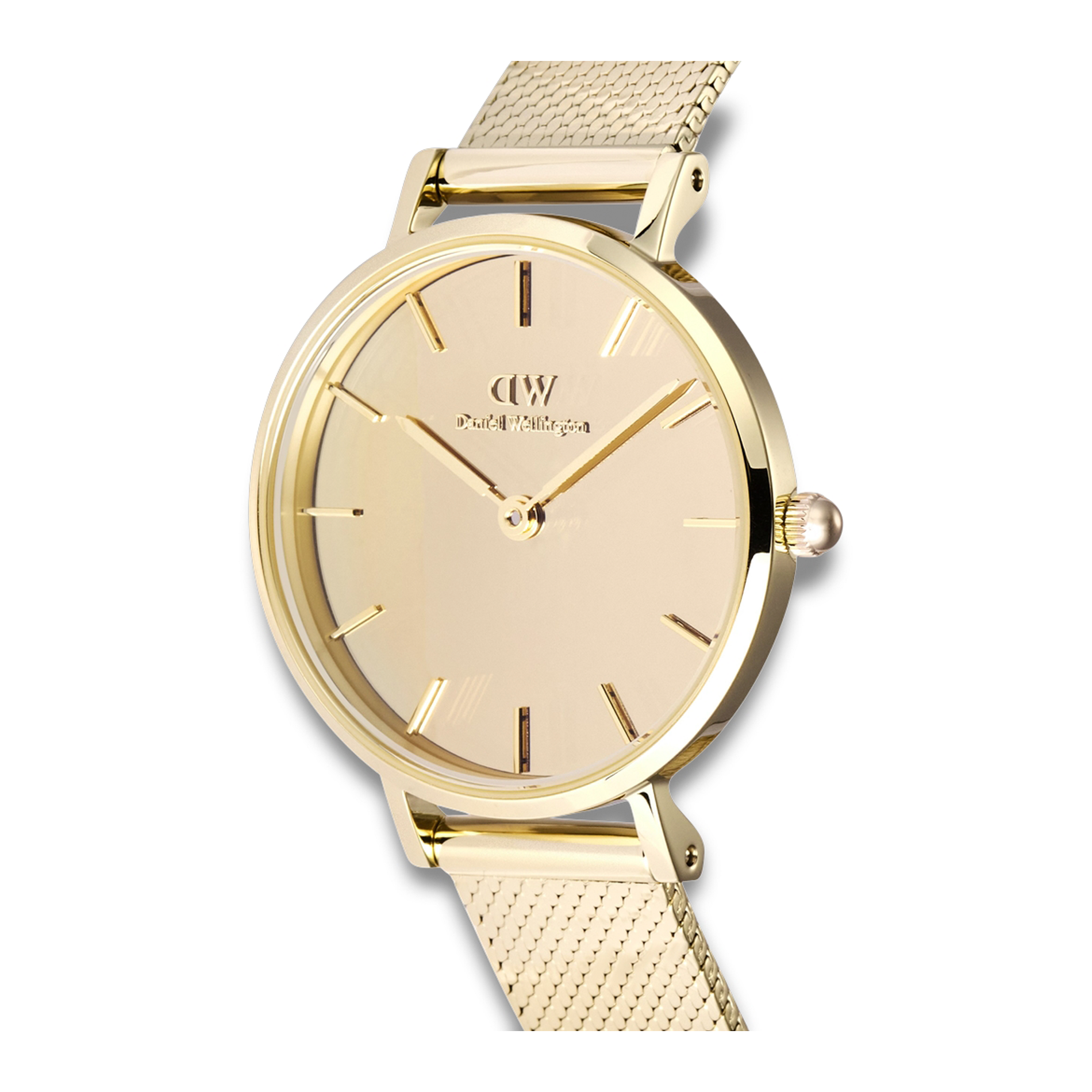 Nærbillede af Daniel Wellington Petite 28 Mirror G ADW00100797 med spejlblank guldfarvet urskive