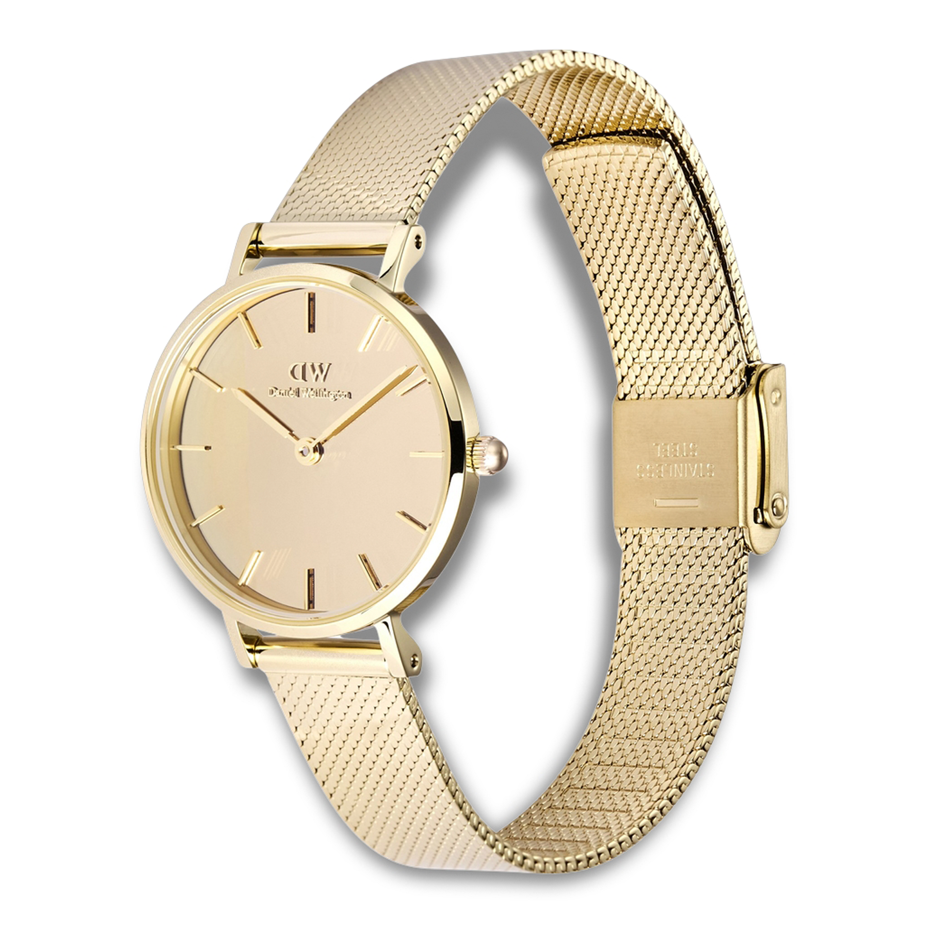 Daniel Wellington Petite 28 Mirror G ADW00100797 vist fra skrå vinkel med guldfarvet mesh-rem