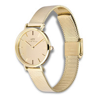 Daniel Wellington Petite 28 Mirror G ADW00100797 vist fra skrå vinkel med guldfarvet mesh-rem