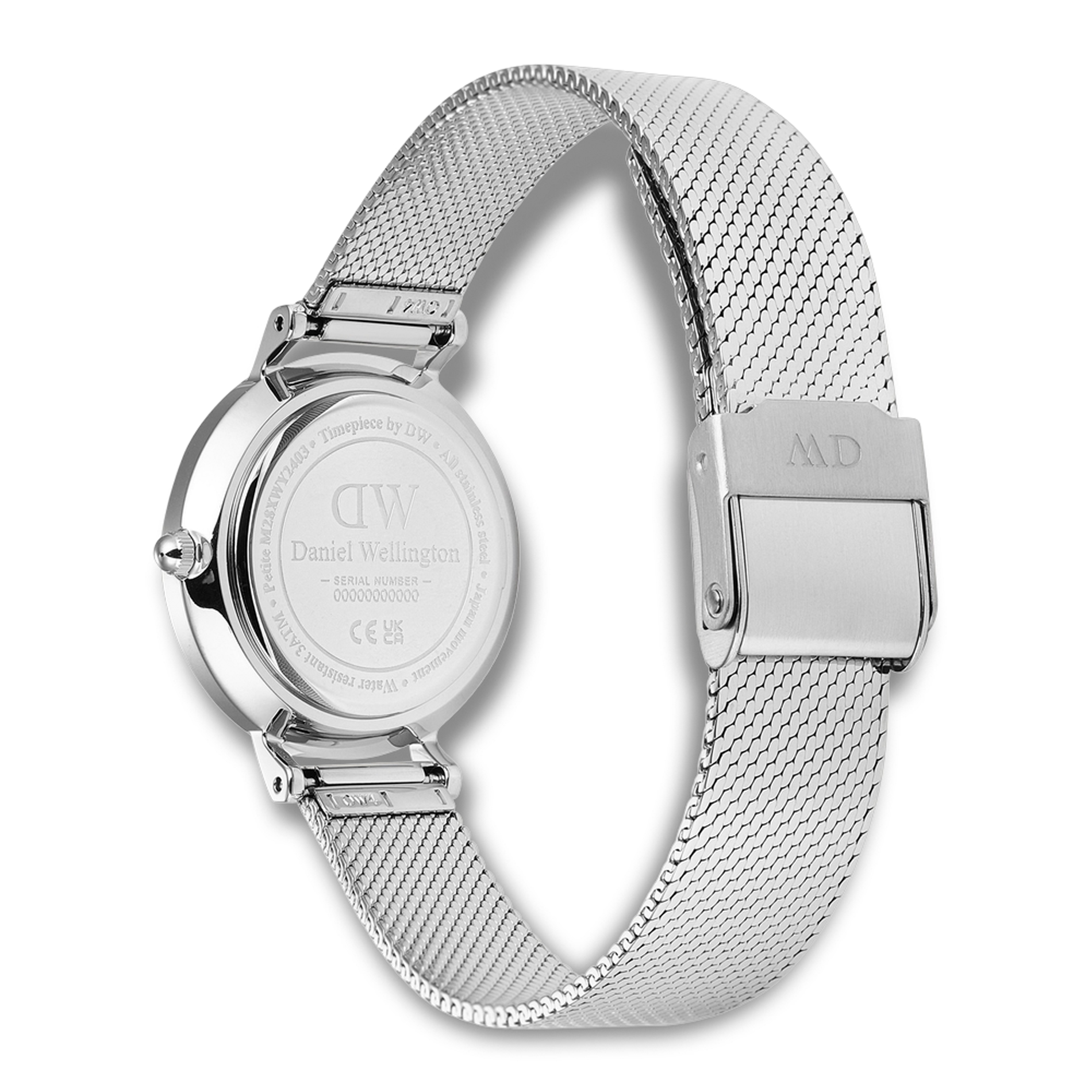 Bagside af Daniel Wellington Petite 28 Mirror S ADW00100796 med sølvfarvet mesh-rem