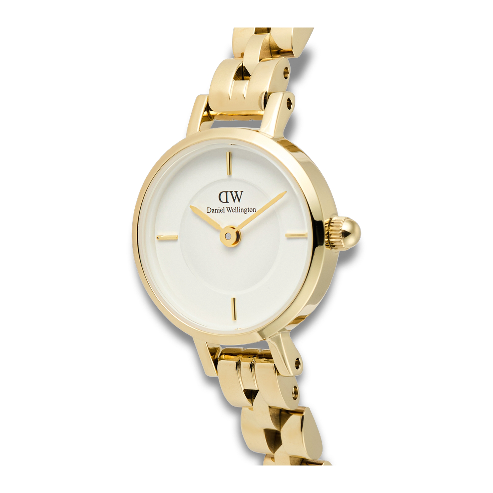 Nærbillede af Daniel Wellington Petite Mini 3-Link 19 mm med rund guldfarvet urkasse