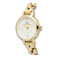 Nærbillede af Daniel Wellington Petite Mini 3-Link 19 mm med rund guldfarvet urkasse