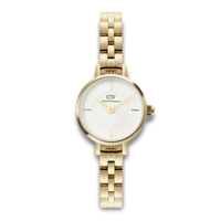 Daniel Wellington Petite Mini 3-Link 19 mm ADW00100855 med guldfarvet stållænke og hvid urskive