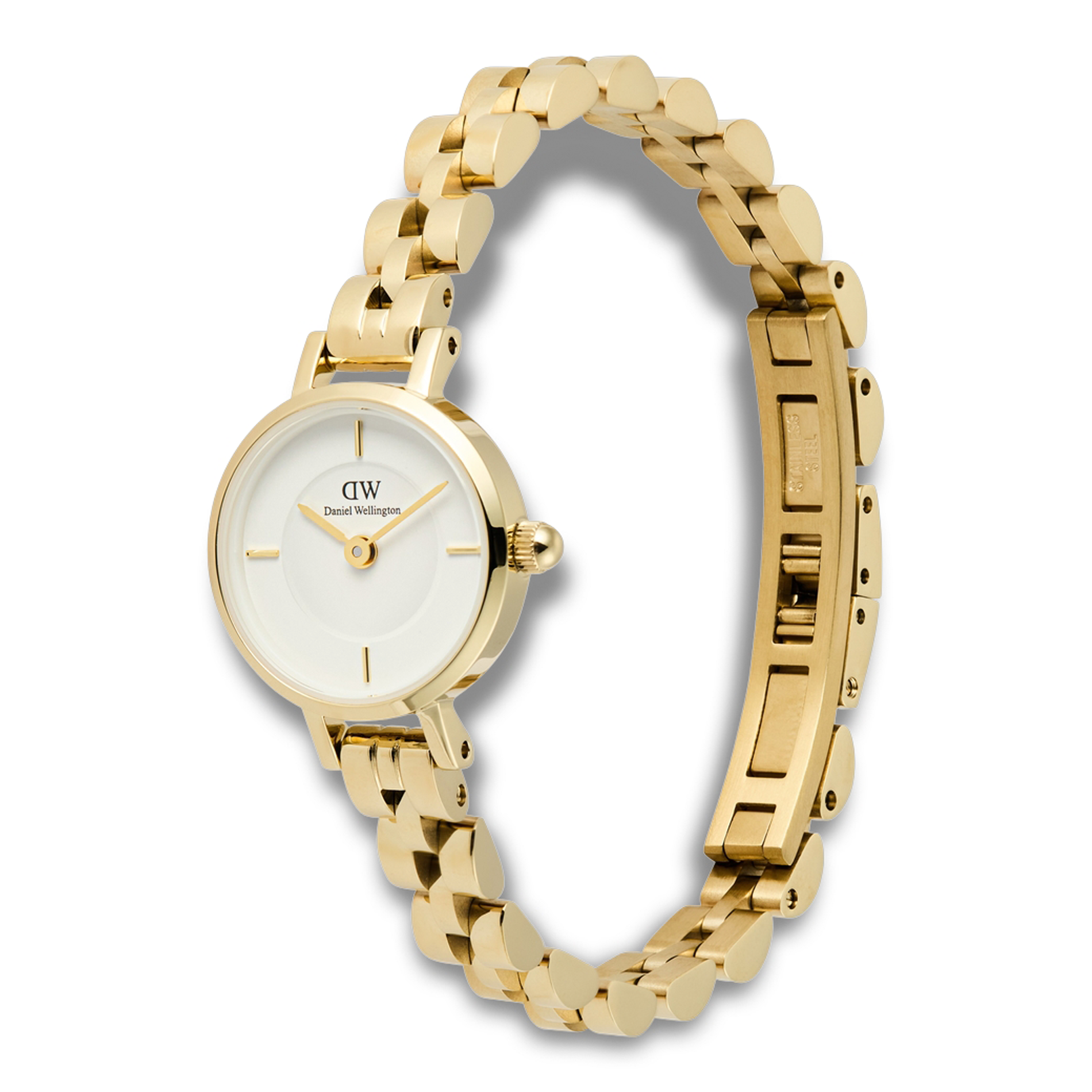 Daniel Wellington Petite Mini 3-Link ADW00100855 vist fra skrå vinkel med guldfarvet stållænke