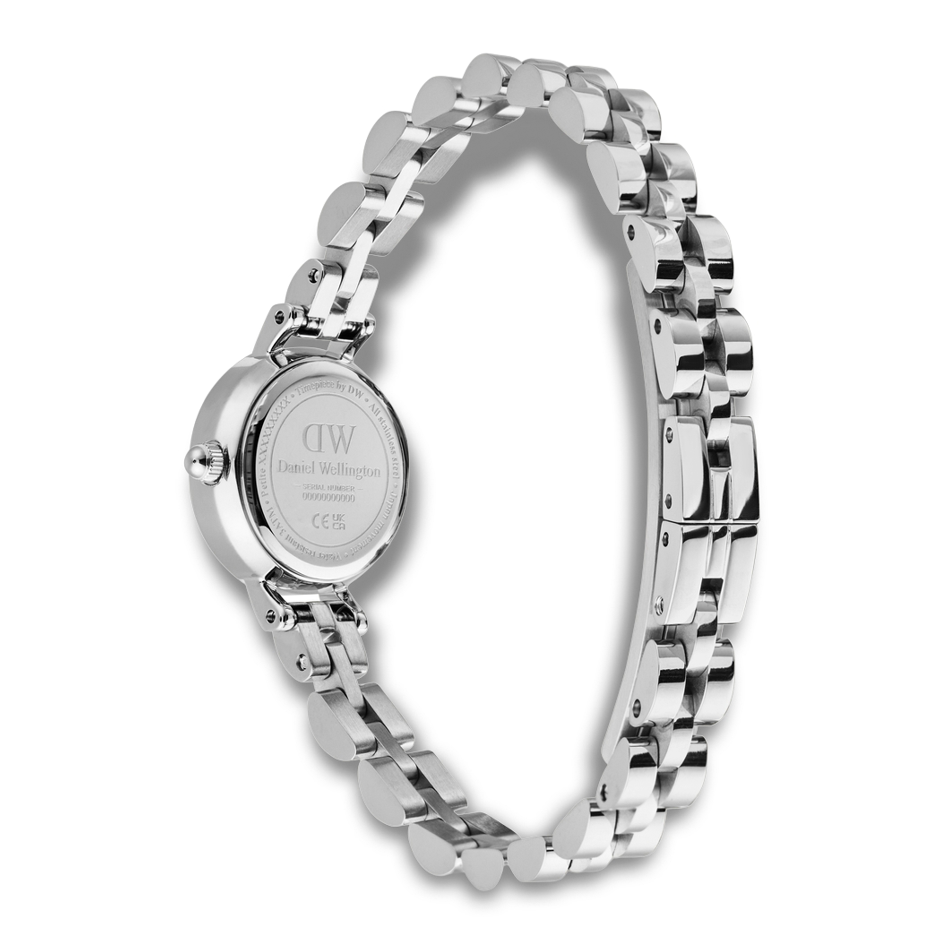 Bagside af Daniel Wellington Petite Mini 3-Link ADW00100853 med sølvfarvet stållænke