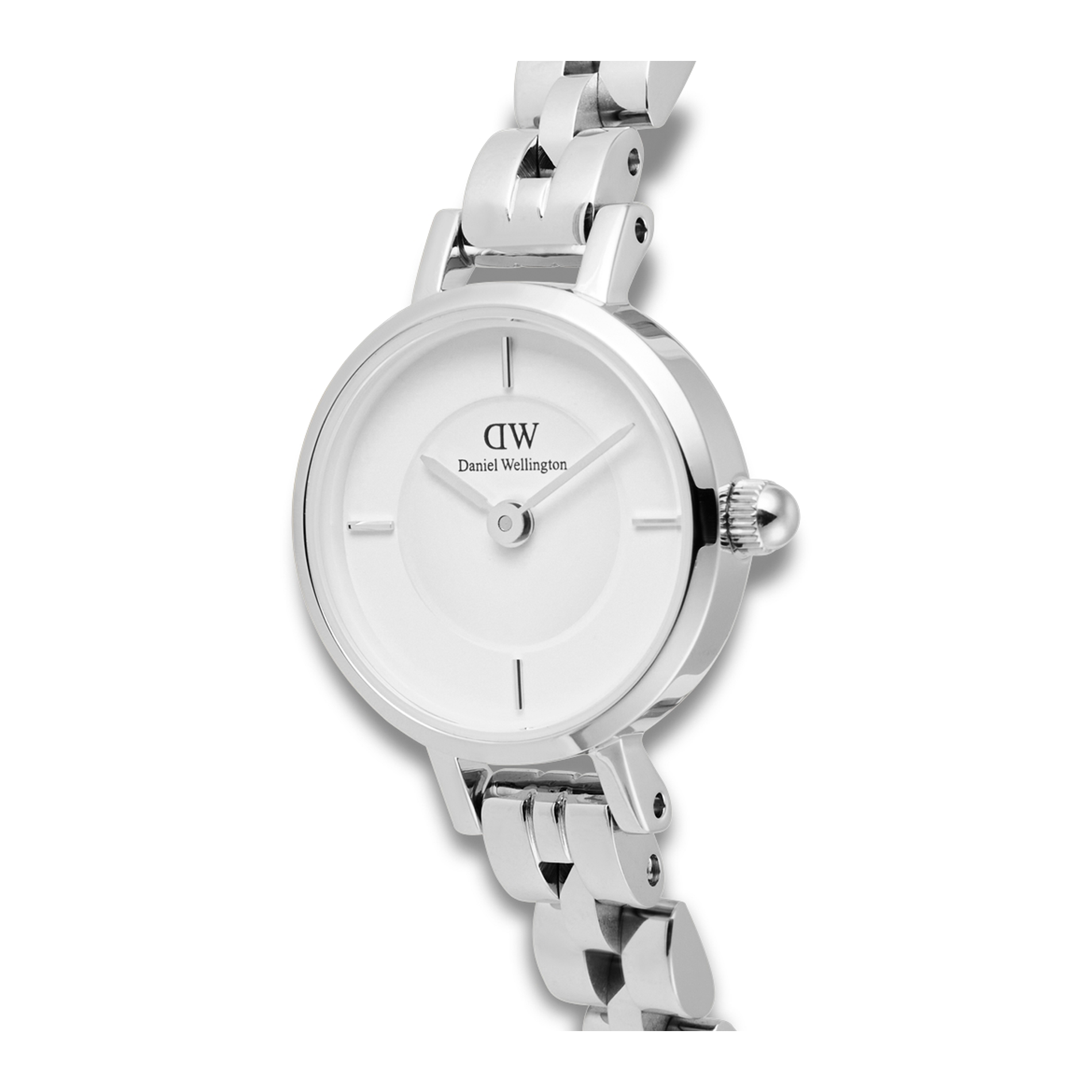 Nærbillede af Daniel Wellington Petite Mini 3-Link 19 mm med rund sølvfarvet urkasse