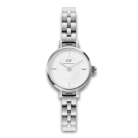 Daniel Wellington Petite Mini 3-Link 19 mm ADW00100853 med sølvfarvet stållænke og hvid urskive