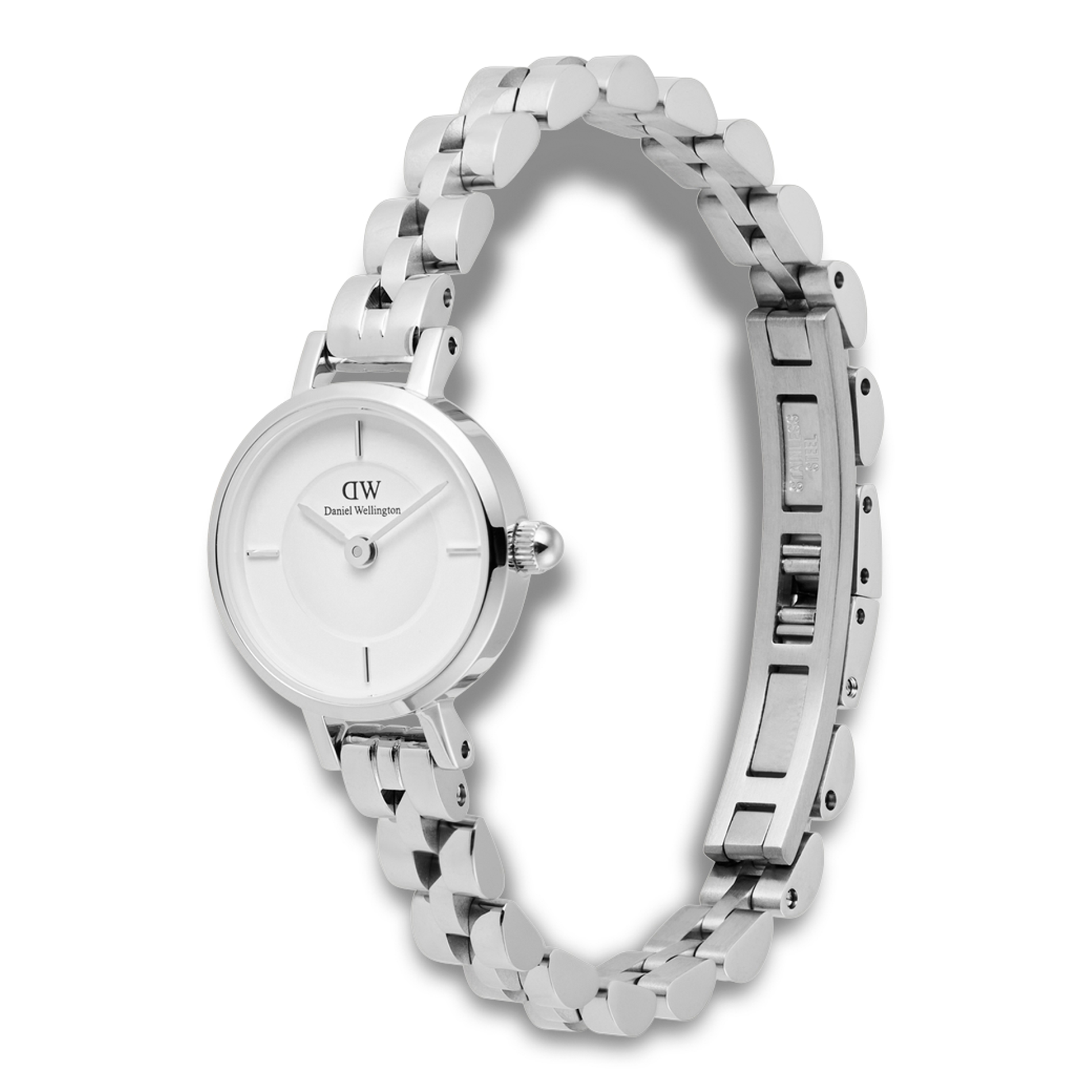 Daniel Wellington Petite Mini 3-Link ADW00100853 vist fra skrå vinkel med sølvfarvet stållænke
