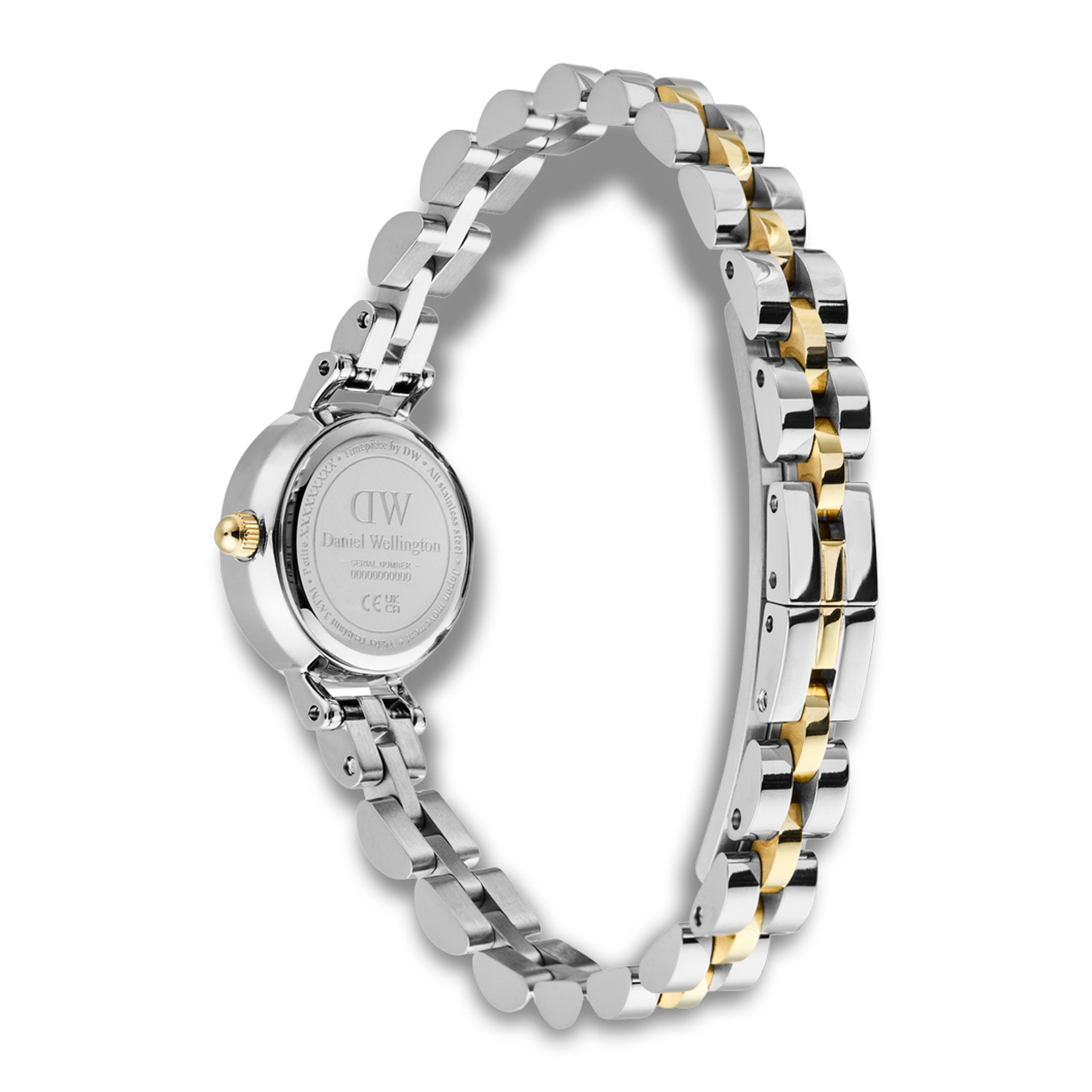 Bagside af Daniel Wellington Petite Mini Bic ADW00100923 med tofarvet lænke i rustfrit stål