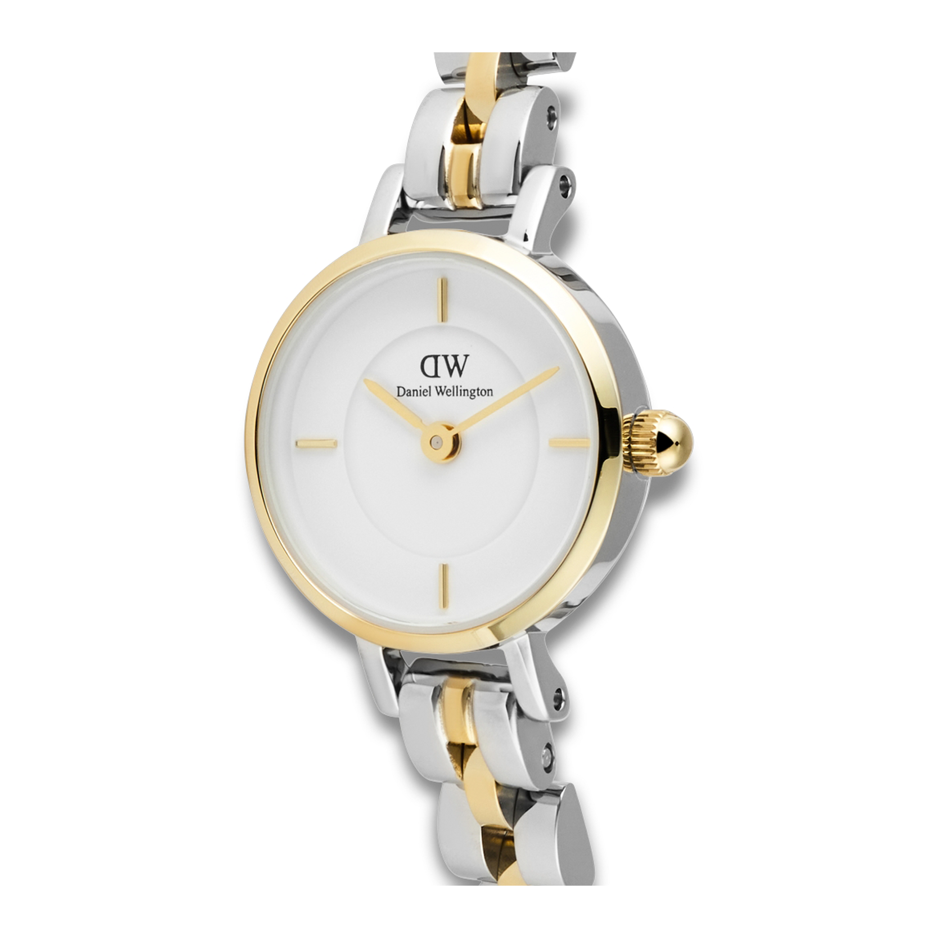 Nærbillede af Daniel Wellington Petite Mini Bic 19 mm med guldfarvet lynette og lys urskive
