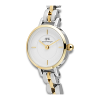 Nærbillede af Daniel Wellington Petite Mini Bic 19 mm med guldfarvet lynette og lys urskive