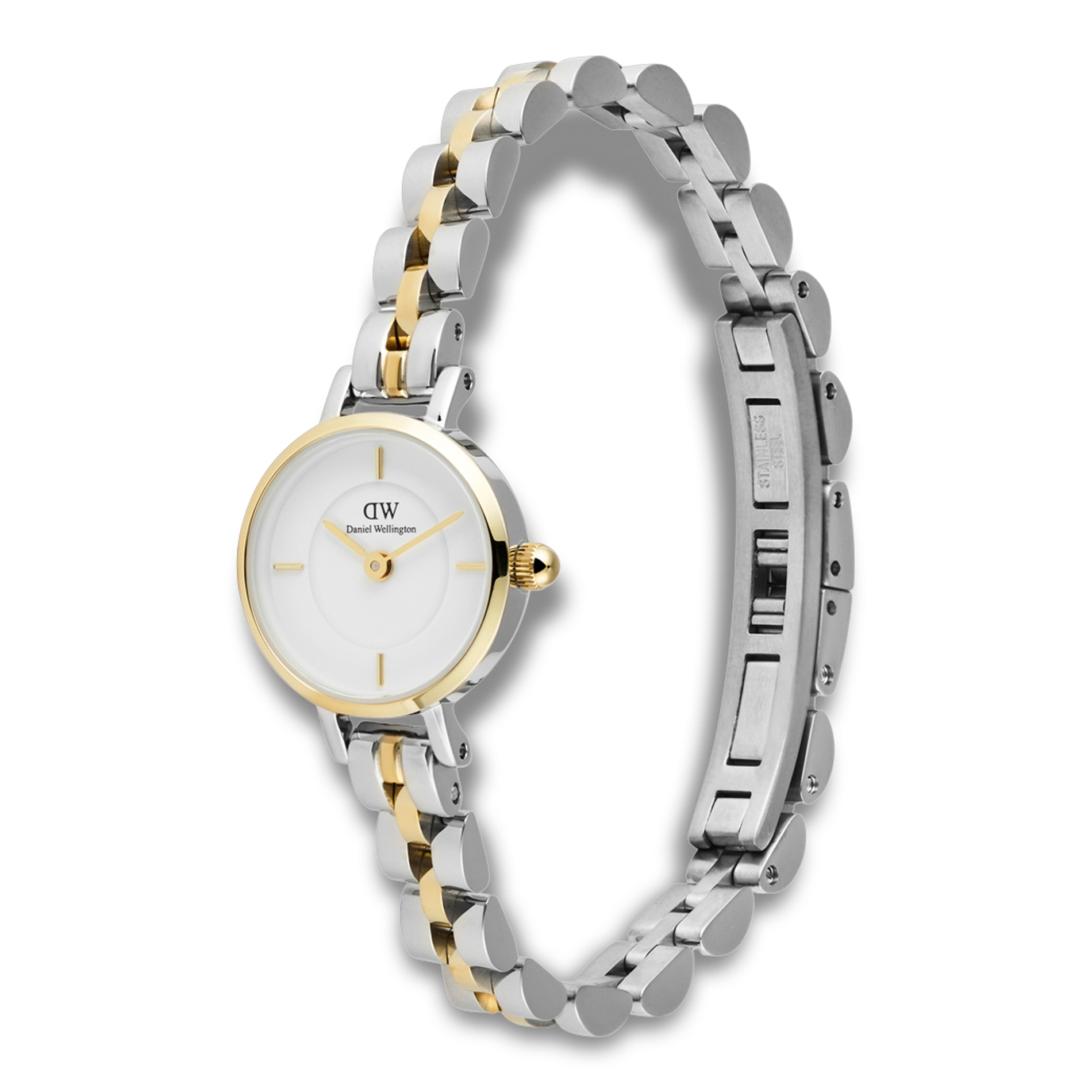 Daniel Wellington Petite Mini Bic ADW00100923 vist fra skrå vinkel med tofarvet stållænke