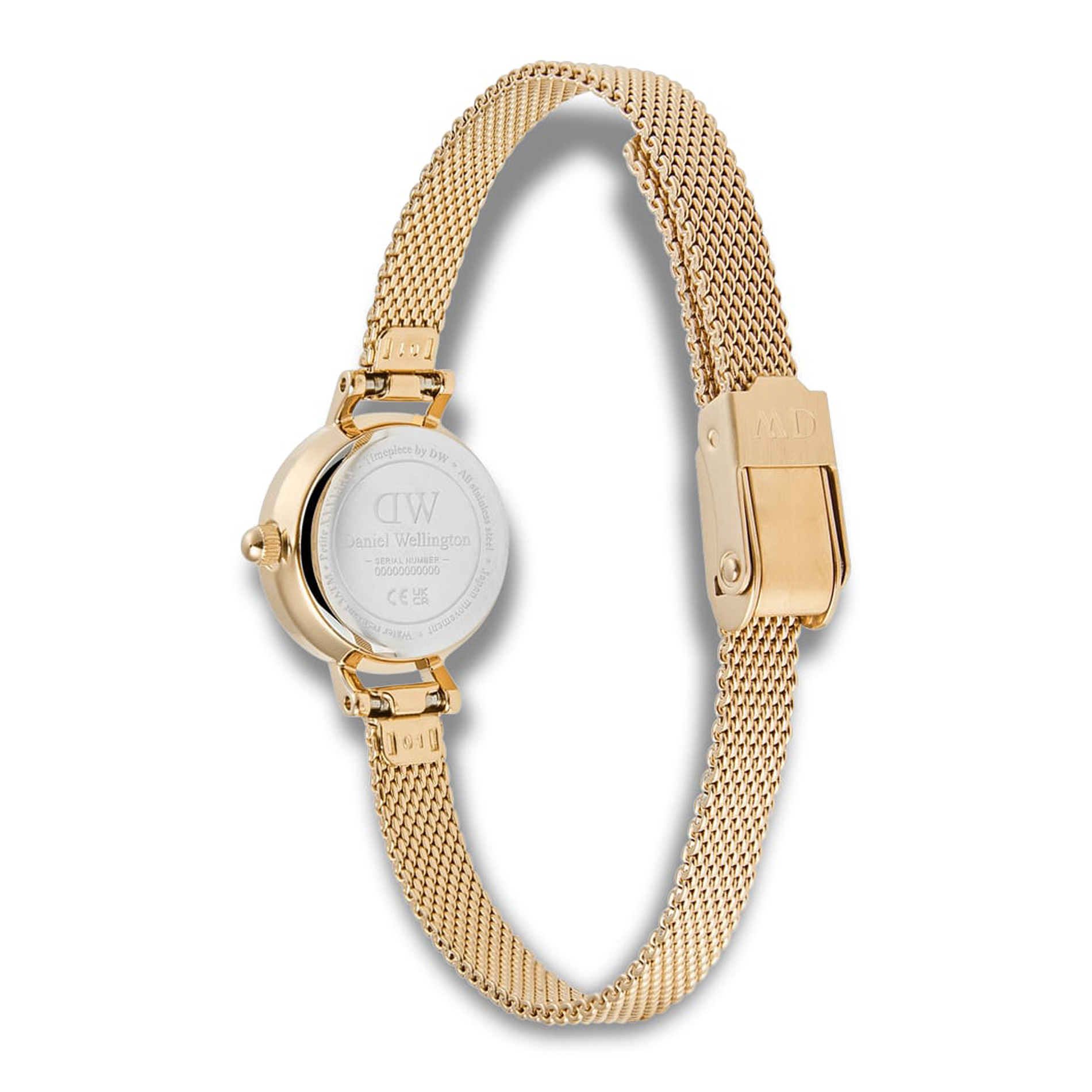 Bagside af Daniel Wellington Petite Mini Evergold ADW00100745 med guldfarvet mesh-rem
