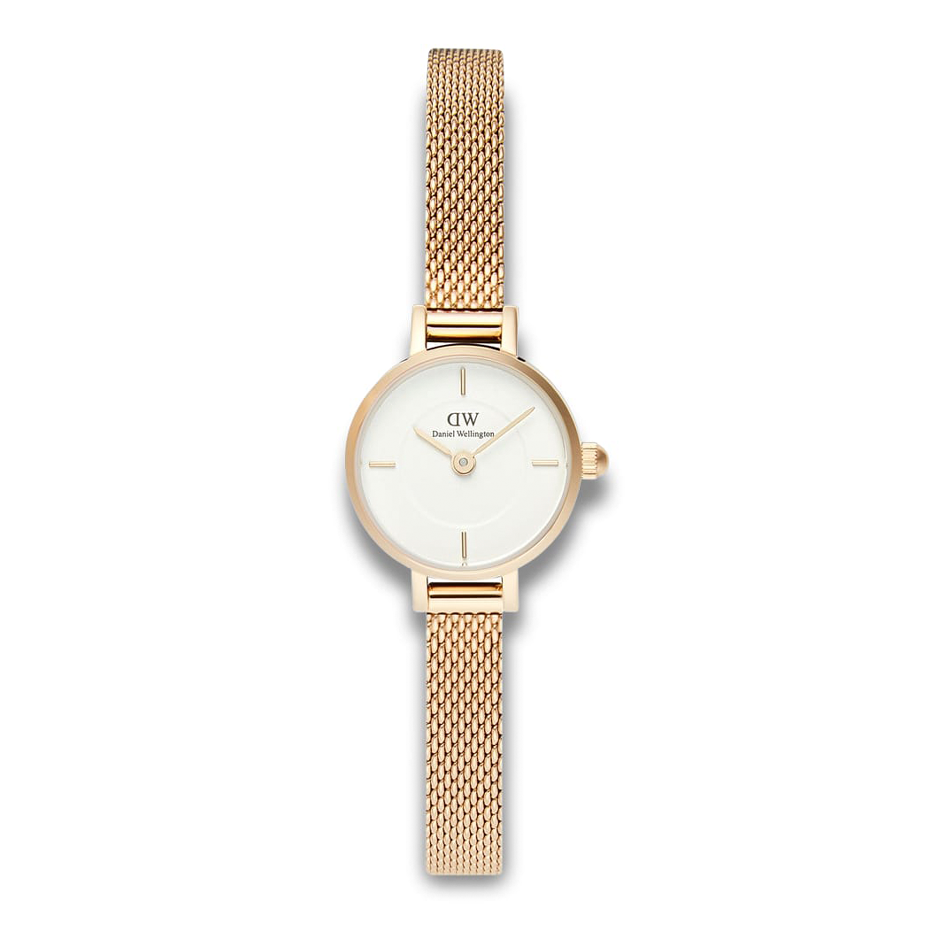 Daniel Wellington Petite Mini Evergold dameur ADW00100745 med guldfarvet mesh-rem og lys urskive