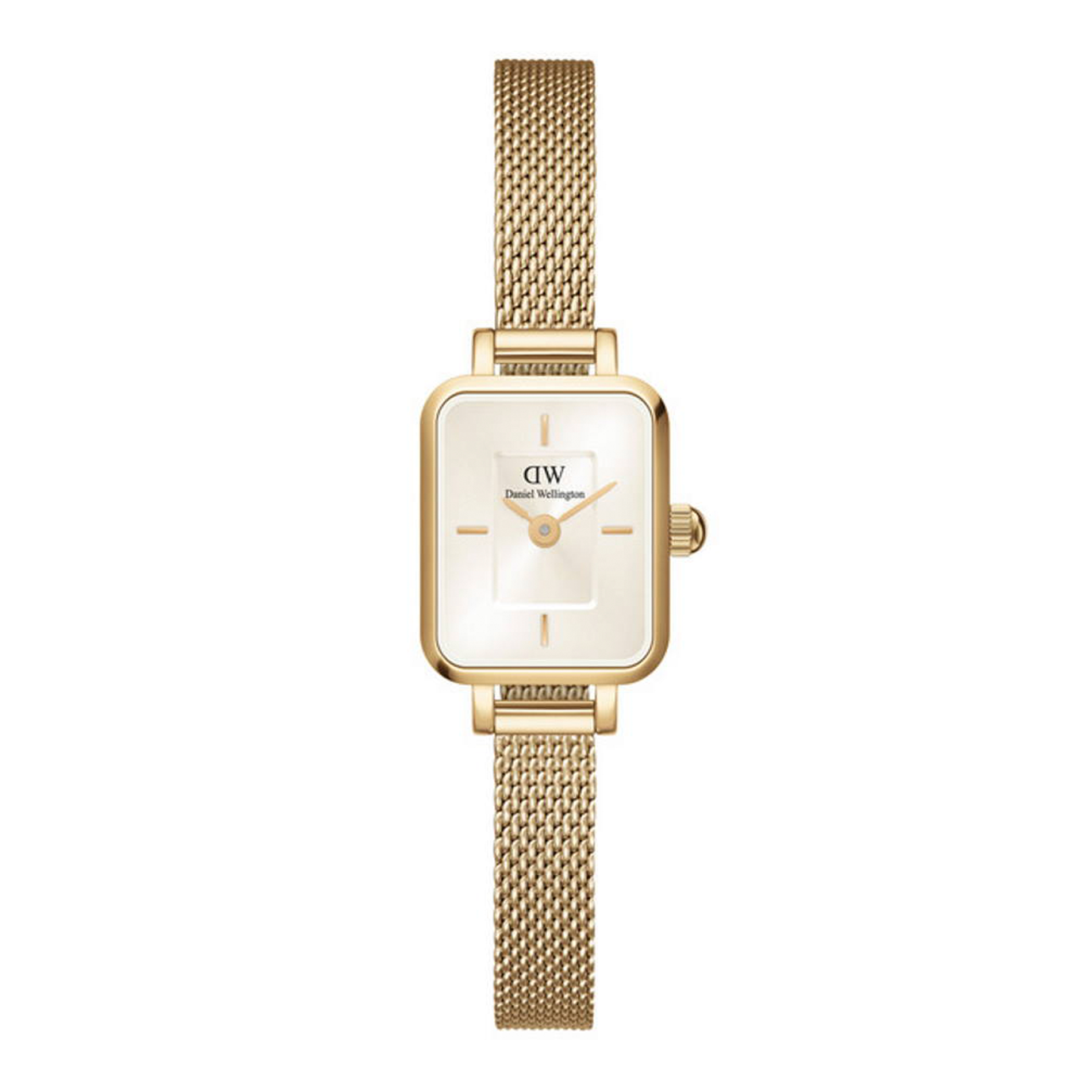 Daniel Wellington Quadro Mini dameur ADW00100656 med guldfarvet mesh-rem og lys rektangulær urskive
