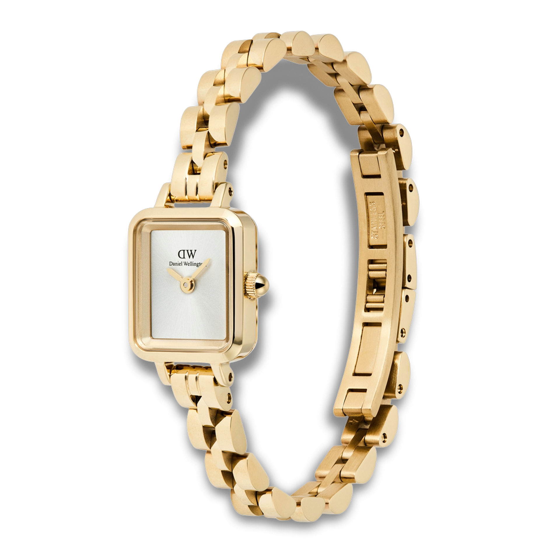 Daniel Wellington Quadro Mini 3-Link ADW00100850 vist fra skrå vinkel med guldfarvet stållænke