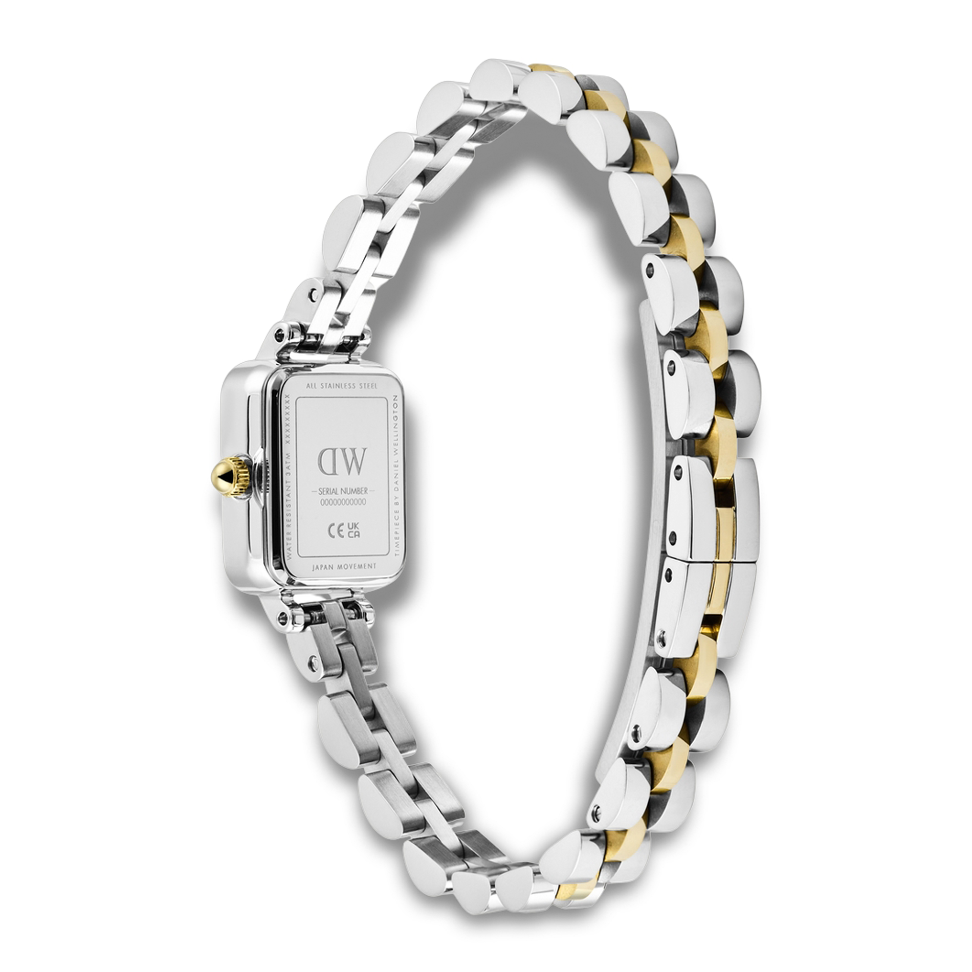 Bagside af Daniel Wellington Quadro Mini Bic ADW00100925 med tofarvet lænke i rustfrit stål