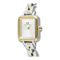 Nærbillede af Daniel Wellington Quadro Mini Bic 15 mm med guldfarvet lynette og lys urskive