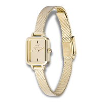 Daniel Wellington Quadro Mini Mirror G ADW00100801 vist fra skrå vinkel med guldfarvet mesh-rem