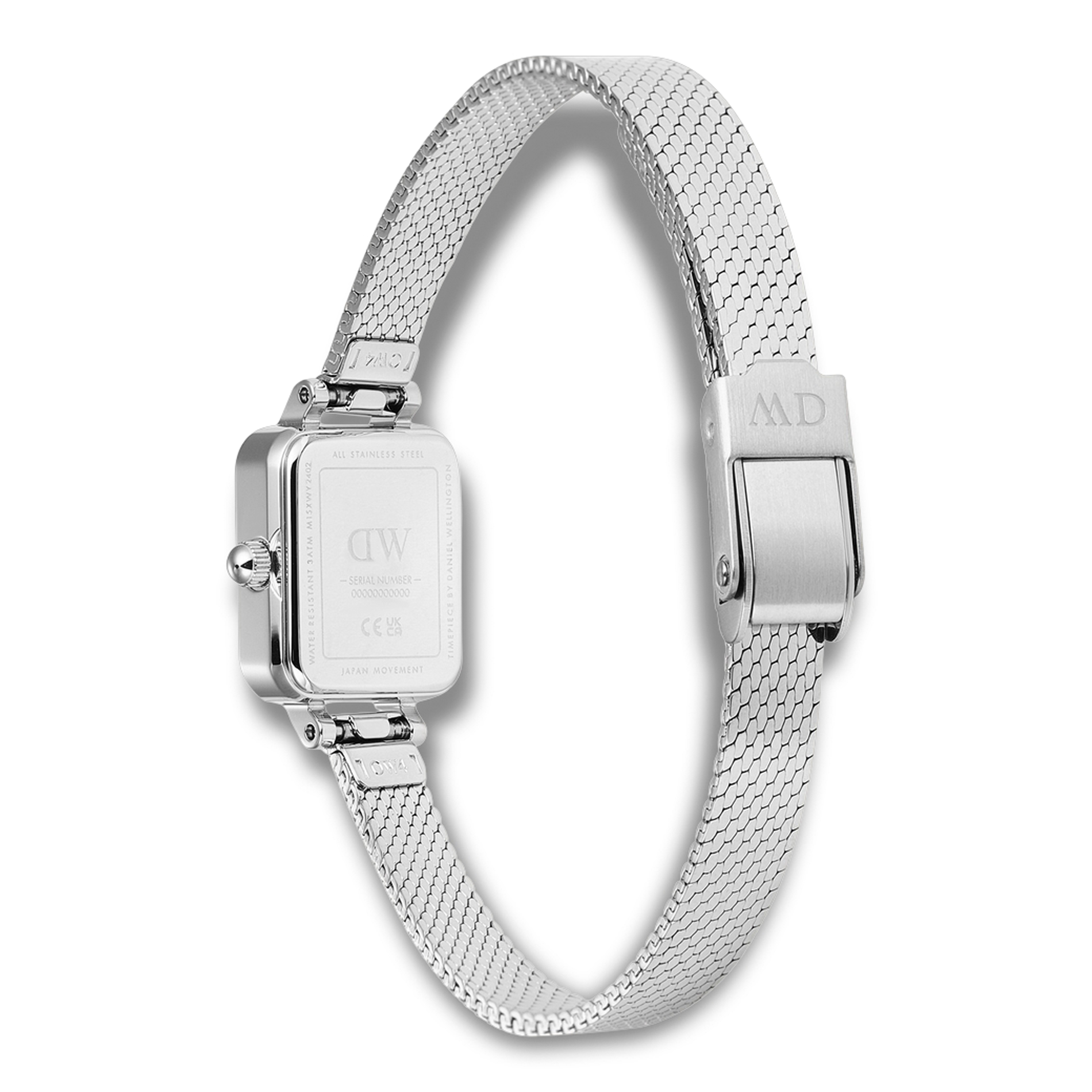 Bagside af Daniel Wellington Quadro Mini Mirror S ADW00100800 med sølvfarvet mesh-rem