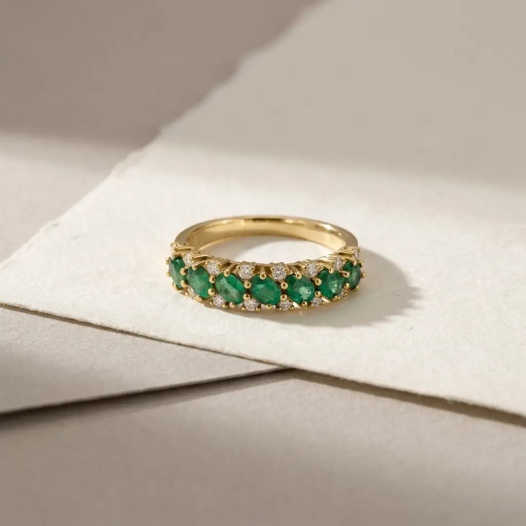 Ebba ring i guld med smaragder og diamanter på hvidt papir
