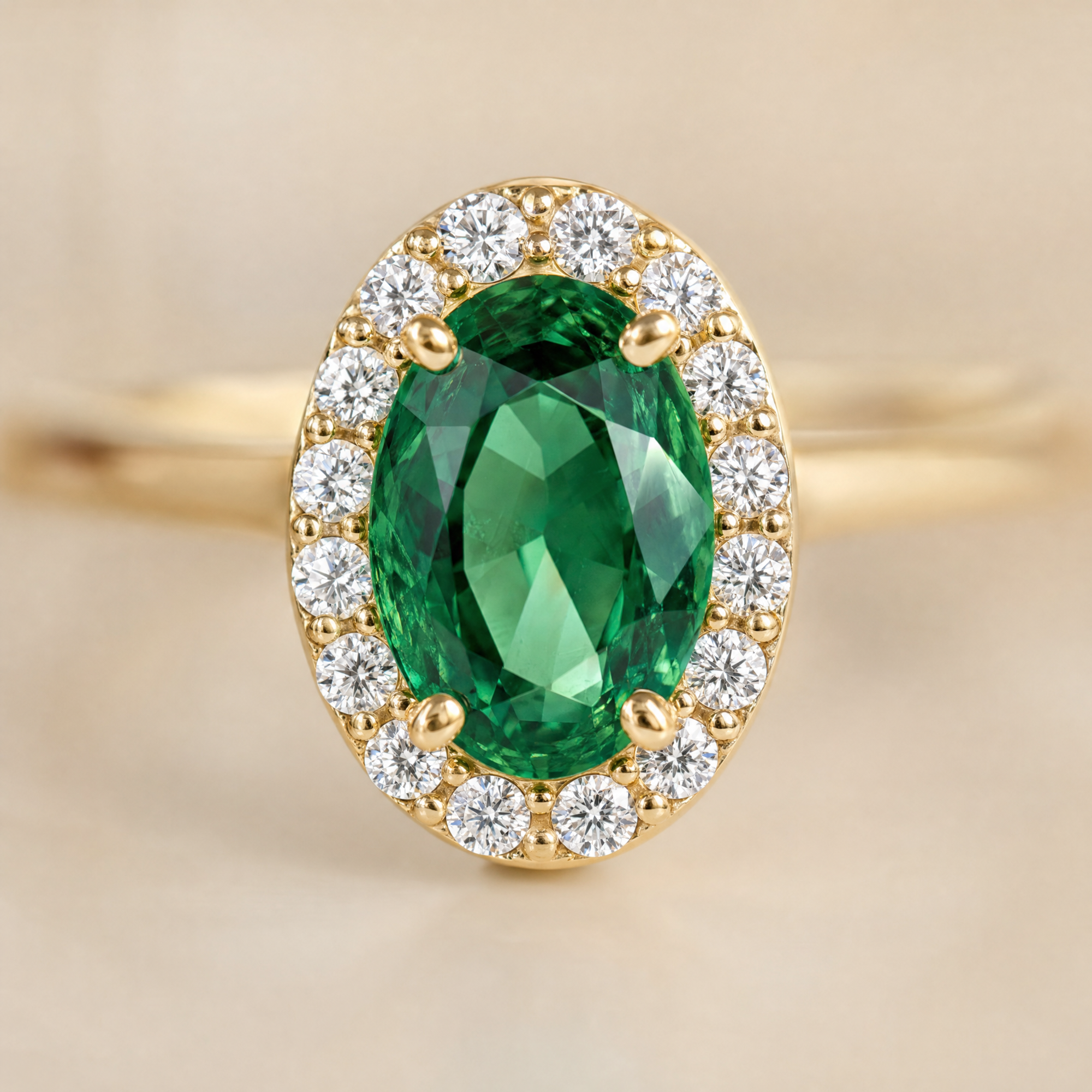 Nærbillede af Elina Green roset ring i forgyldt sølv med grøn oval sten omgivet af zirkoner