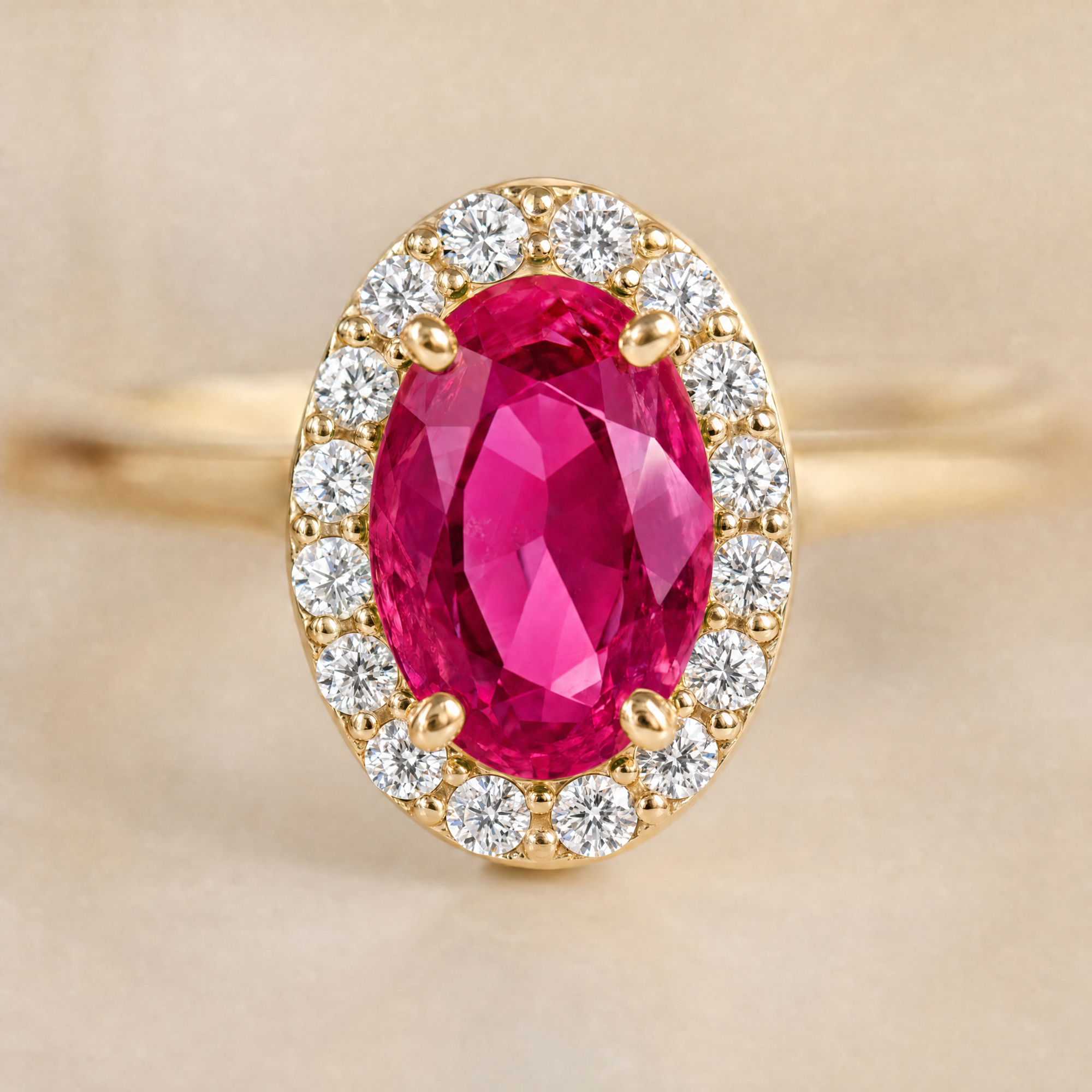 Nærbillede af Elina Ruby roset ring i forgyldt sølv med oval rubinrød zirkonia omgivet af en krans af klare zirkonia