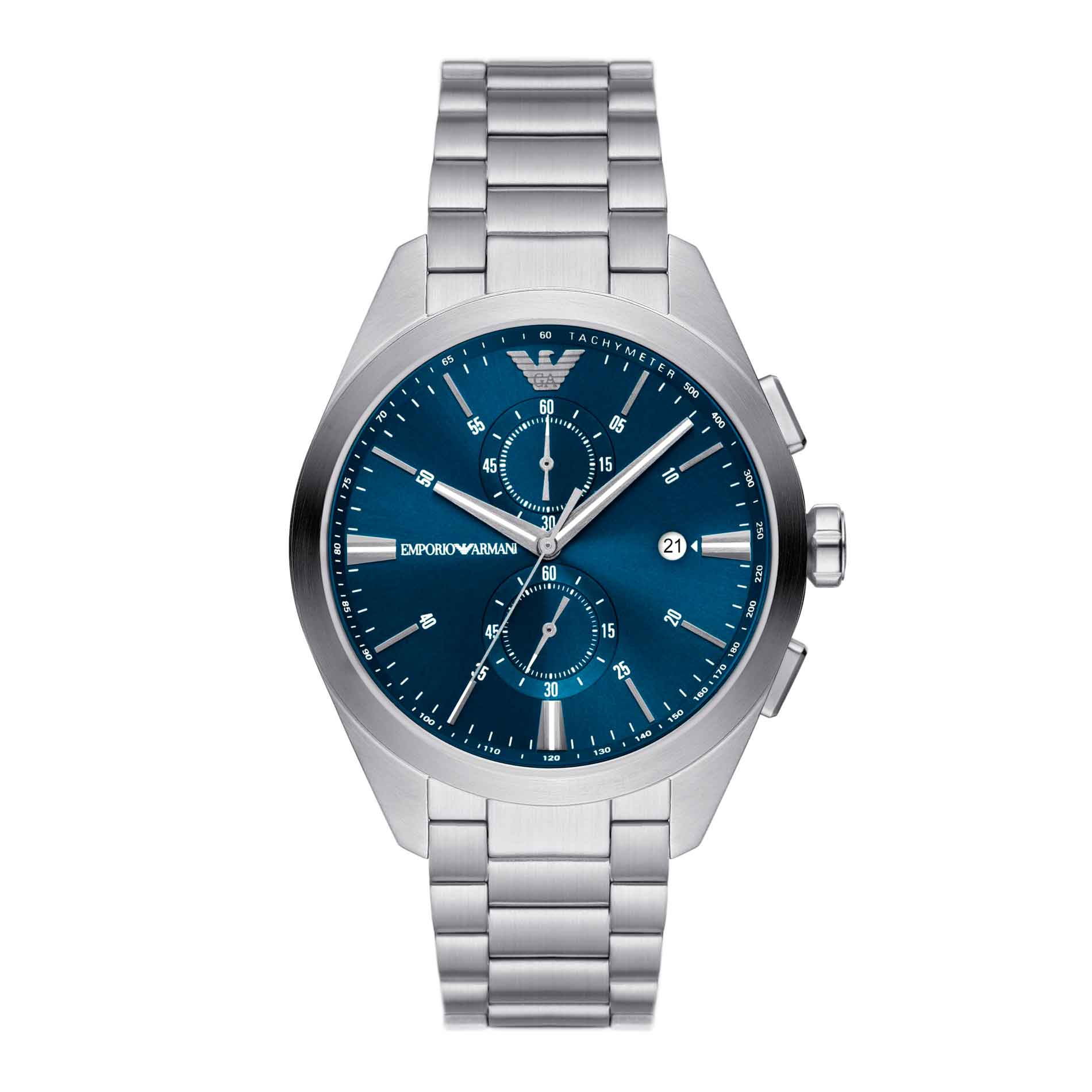 Emporio Armani Claudio AR11541 herreur med en stål-urkasse og stållænke. Uret har en blå skive samt to chronographer, datovisning og Emporio Armani logo. Uret er set forfra.