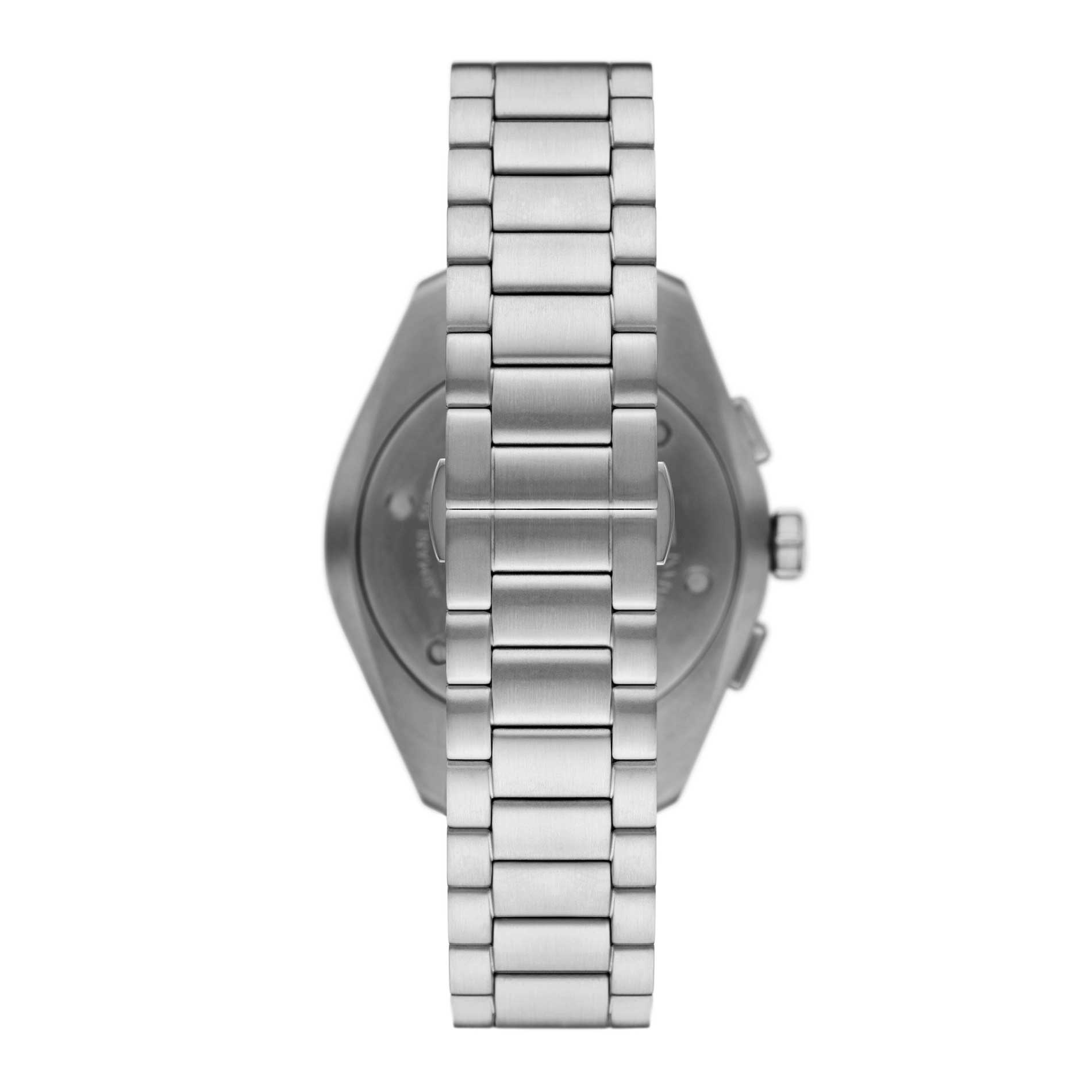 Emporio Armani Claudio AR11541 herreur med en stål-urkasse og stållænke. Uret har en blå skive samt to chronographer, datovisning og Emporio Armani logo. Uret er set bagfra.